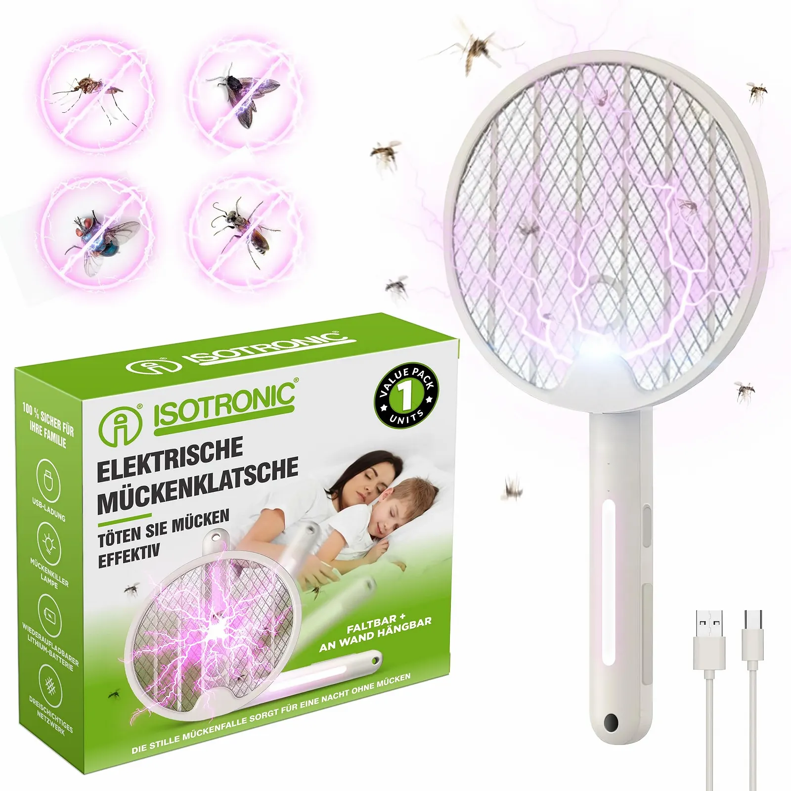 Электрическая мухобойка ISOTRONIC Mosquito Swatter с UV-лампой складная (1 шт.), фото №1