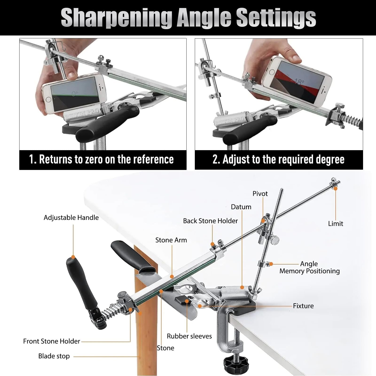 Професійна Точило для ножів RX-009 система заточування нержавіюча сталь поворот на 360° з набором із 4 каменів Silver, фото №6 Професійна Точило для ножів RX-009 система заточування нержавіюча сталь поворот на 360° з набором із 4 каменів Silver, фото №6