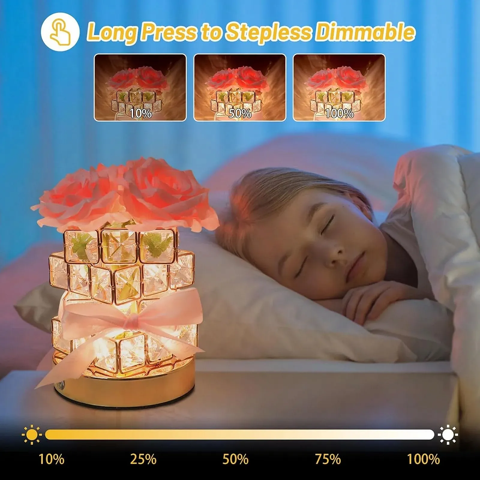 Настольная лампа Pink Crystal Flower Lamp беспроводная аккумуляторная 3 цвета LED розовая, фото №6