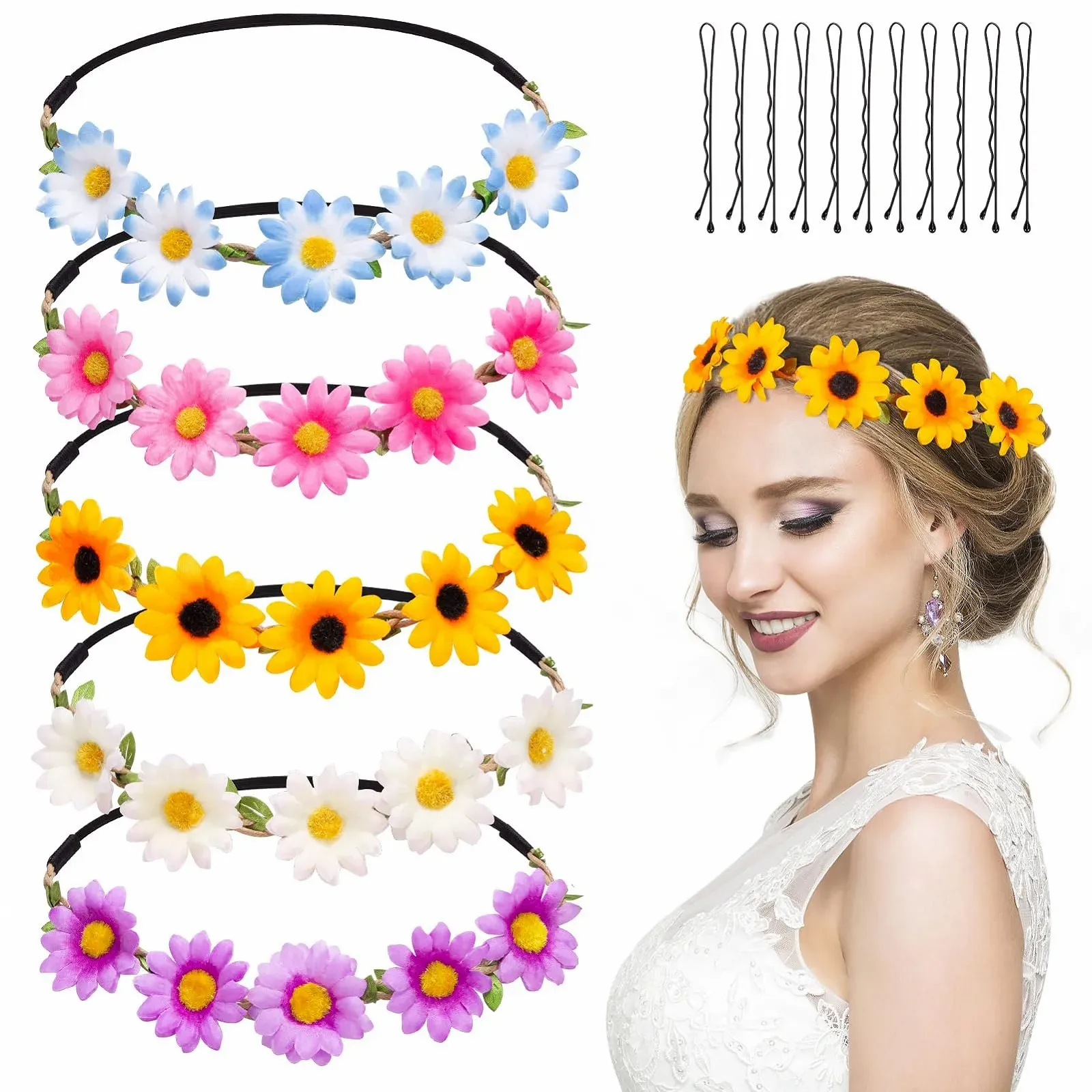 Вінок для волосся з ромашками, набір 5 штук, різнокольоровий, фото №1