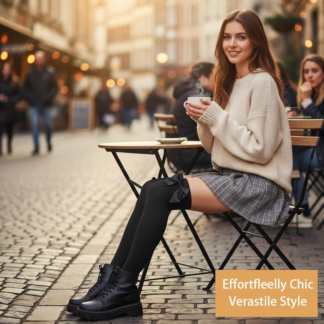 Чулки выше колена с бантом Женские в полоску Хлопковые Длинные Черный + Белый (2 пары), фото №4