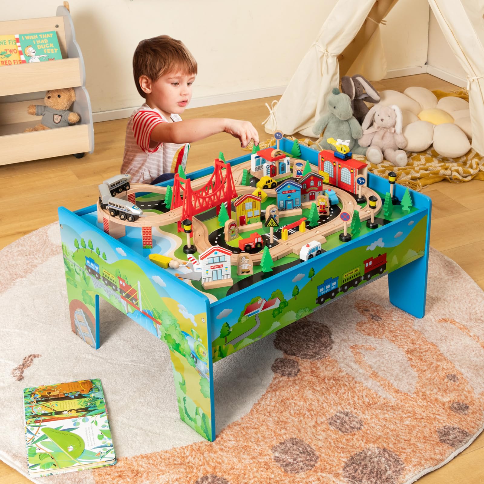 Ігровий стіл GOPLUS з дерева з 80-елементним залізничним набором, фото №8 Ігровий стіл GOPLUS з дерева з 80-елементним залізничним набором, фото №8