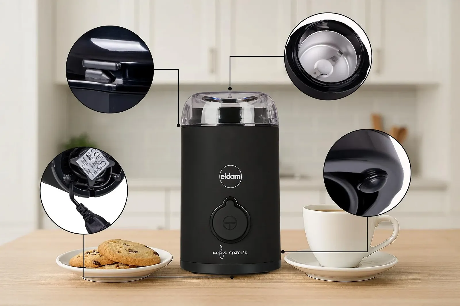 Электрическая кофемолка Eldom MK90C 60 г, лезвия из нержавеющей стали, черная, мощность 150 Вт, фото №3