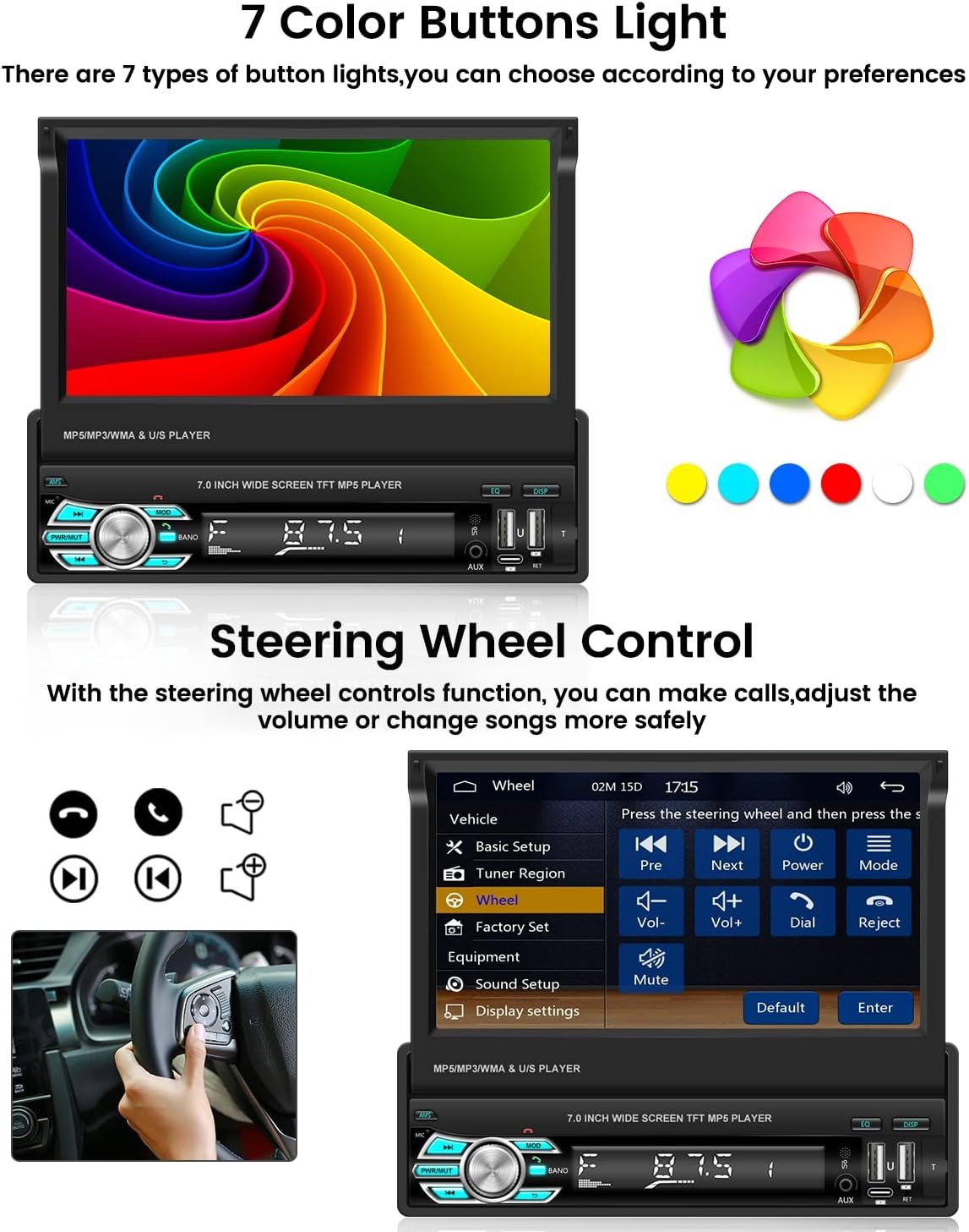 Автомагнітола Hikity / 7" / Сенсорна / Apple CarPlay / Android Auto / Bluetooth / USB / AUX / TF slot / 1DIN, фото №6