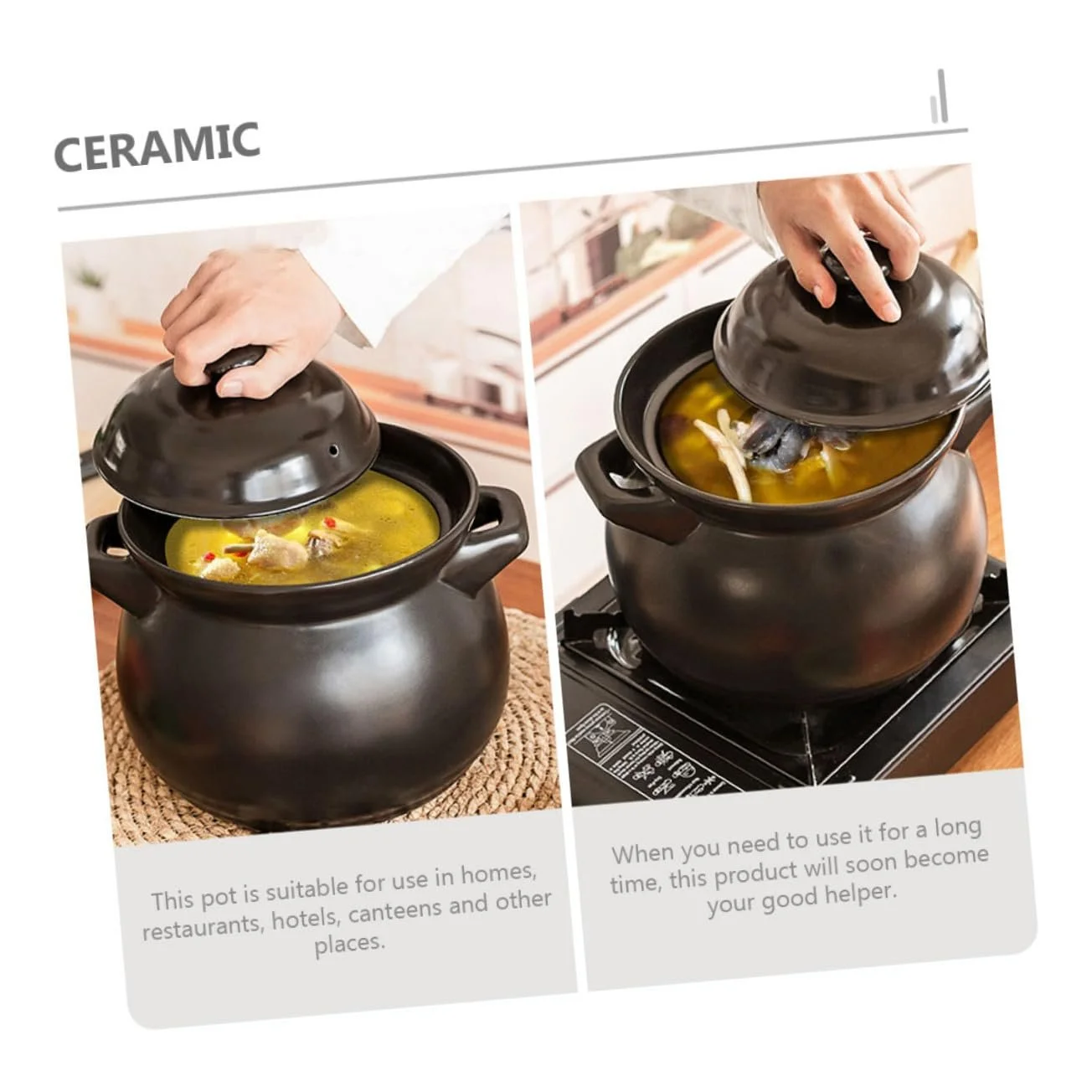 Кастрюля-жаровня TOYANDONA Керамическая Термостойкая с крышкой Нескользящее основание Черный, фото №6