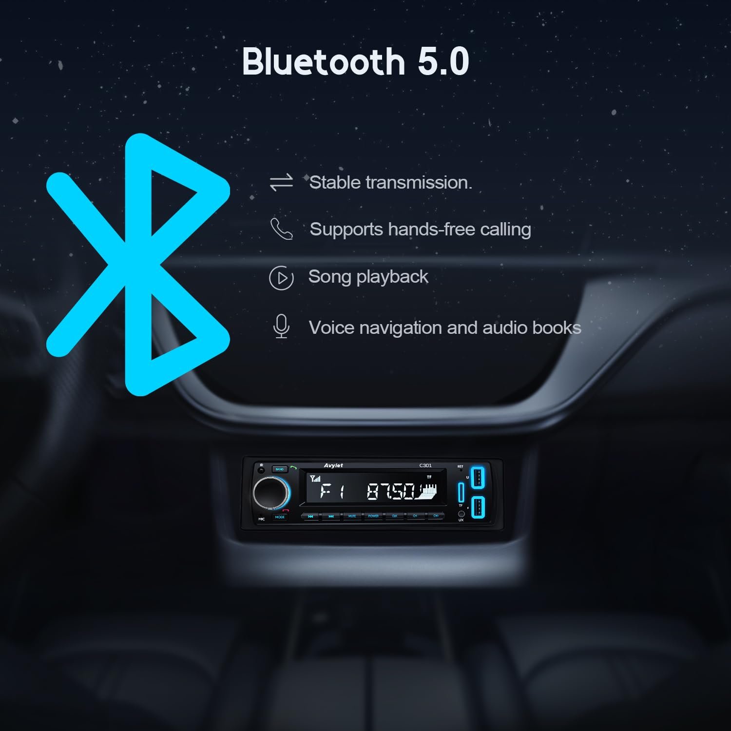 Автомагнітола Bluetooth 5.0 Avylet 1 DIN з 2 USB/AUX/картою пам'яті/MP3-плеєром 7 кольорів, фото №4