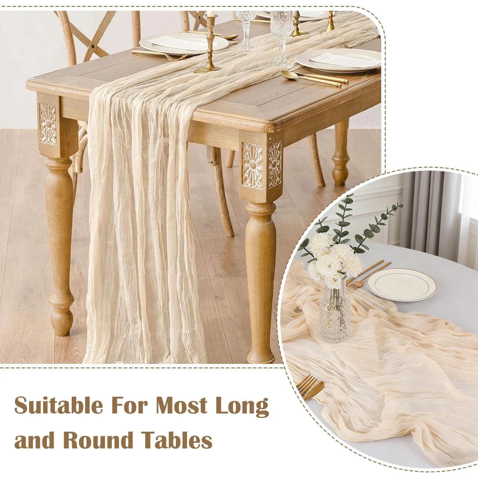 Набір доріжок на стіл Cheese Cloth Boho Rustic 90 x 300 см Бежевий (2 шт.), фото №6 Набір доріжок на стіл Cheese Cloth Boho Rustic 90 x 300 см Бежевий (2 шт.), фото №6