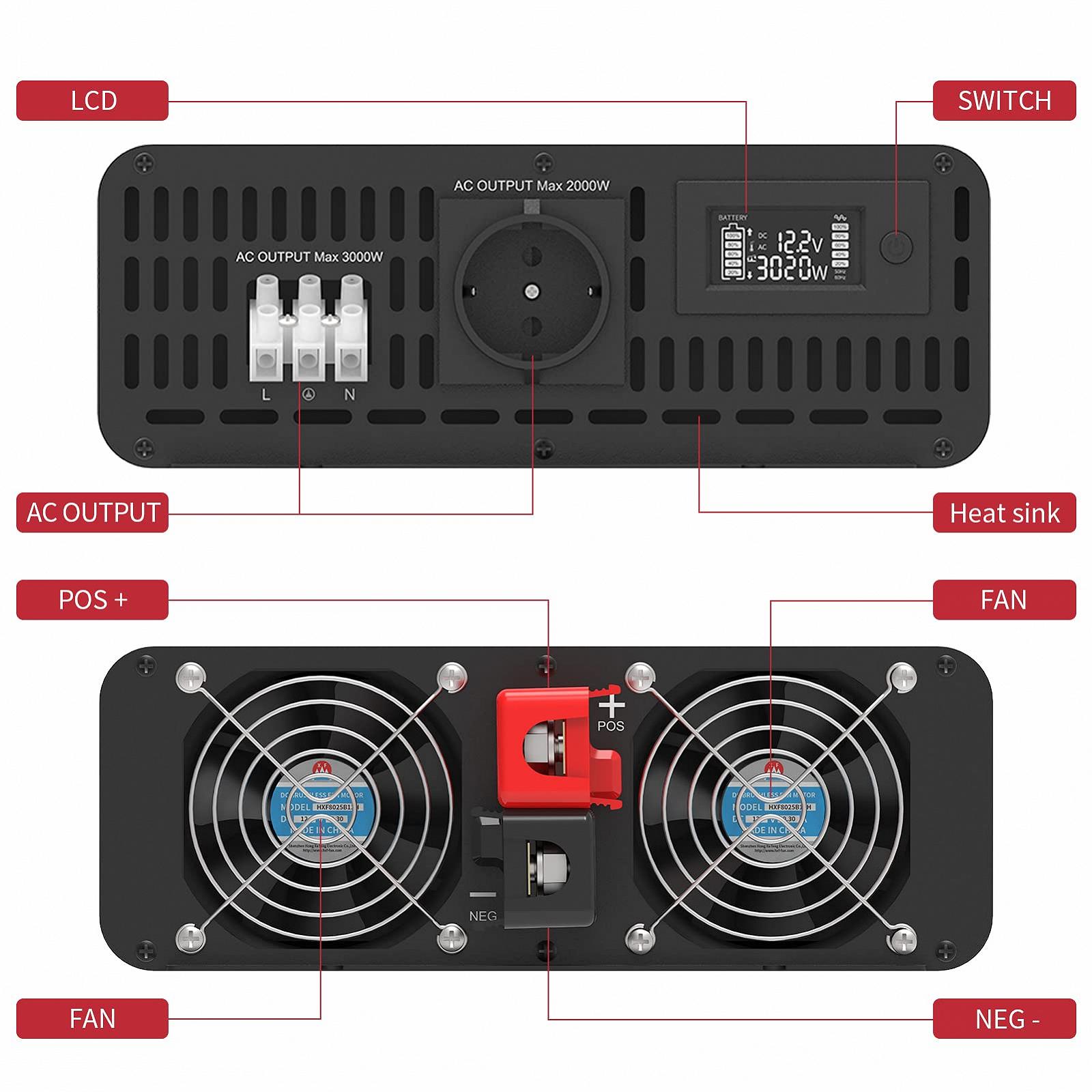 Інвертор DATOUBOSS 12 В до 230 В 3000 Вт / 6000 Вт чиста синусоїда з LCD дисплеєм EU, фото №5
