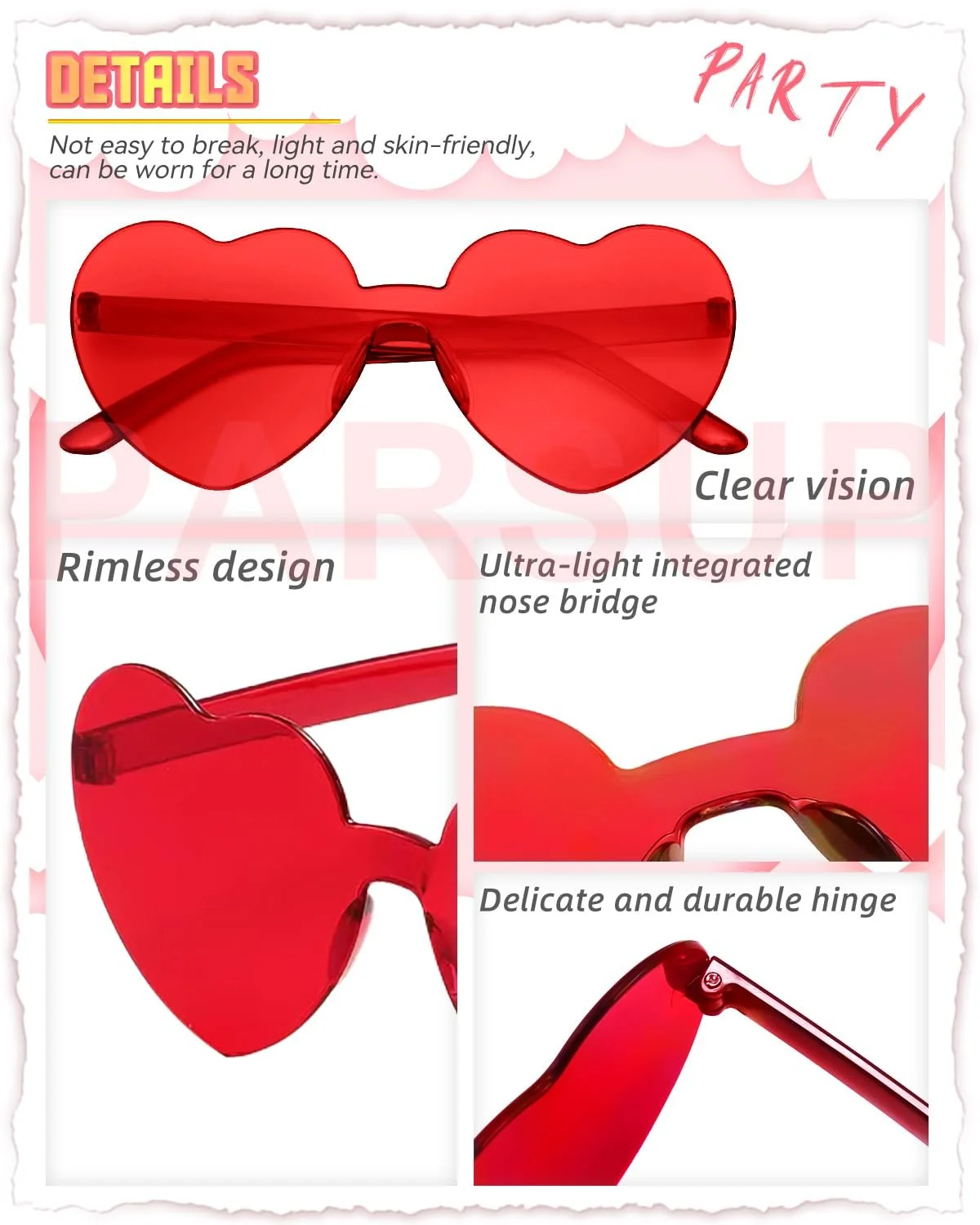 Окуляри Без оправи Серцеподібні PARSUP, 9 пар, Прозорі Червоні/Рожево-червоні/Рожеві, Кольорове скло, фото №2