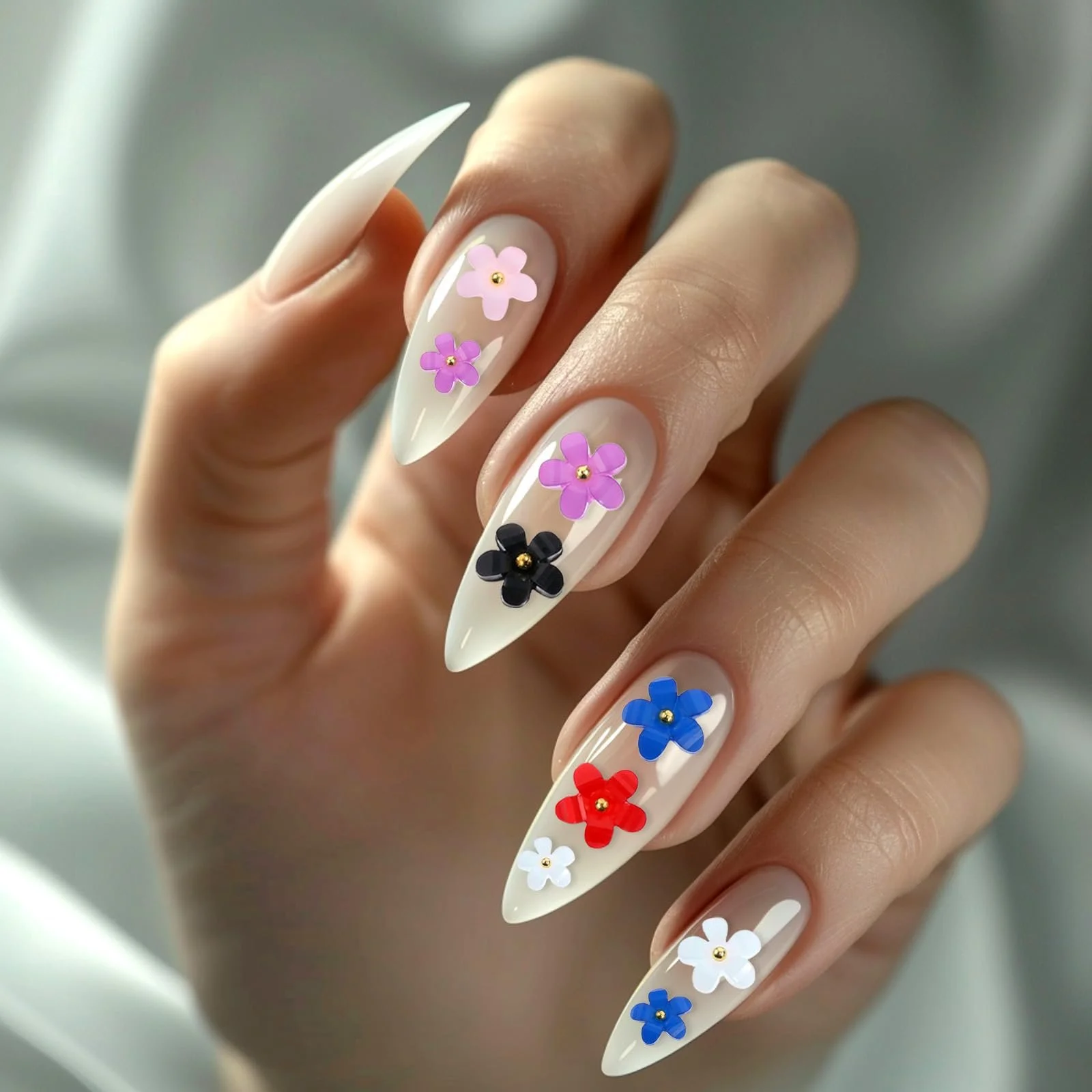 Цветок Украшения для ногтей с золотыми металлическими бусинами 6 цветов 3D акриловые цветы Стразы для DIY украшений для ногтей, фото №4