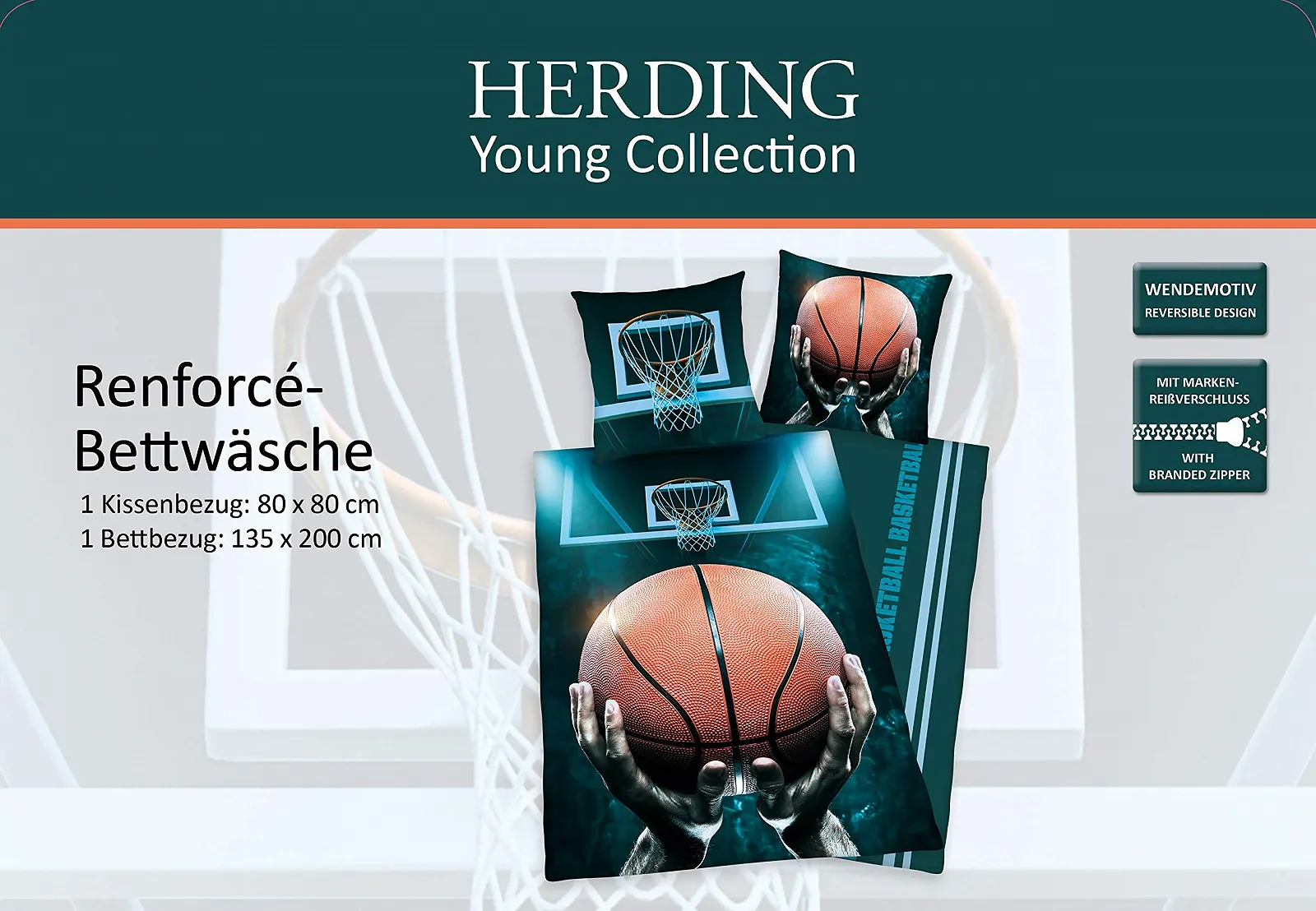 Постельное белье детское Herding Young Collection Basketball 135 x 200 см + 80 x 80 см, хлопок Синий, фото №6