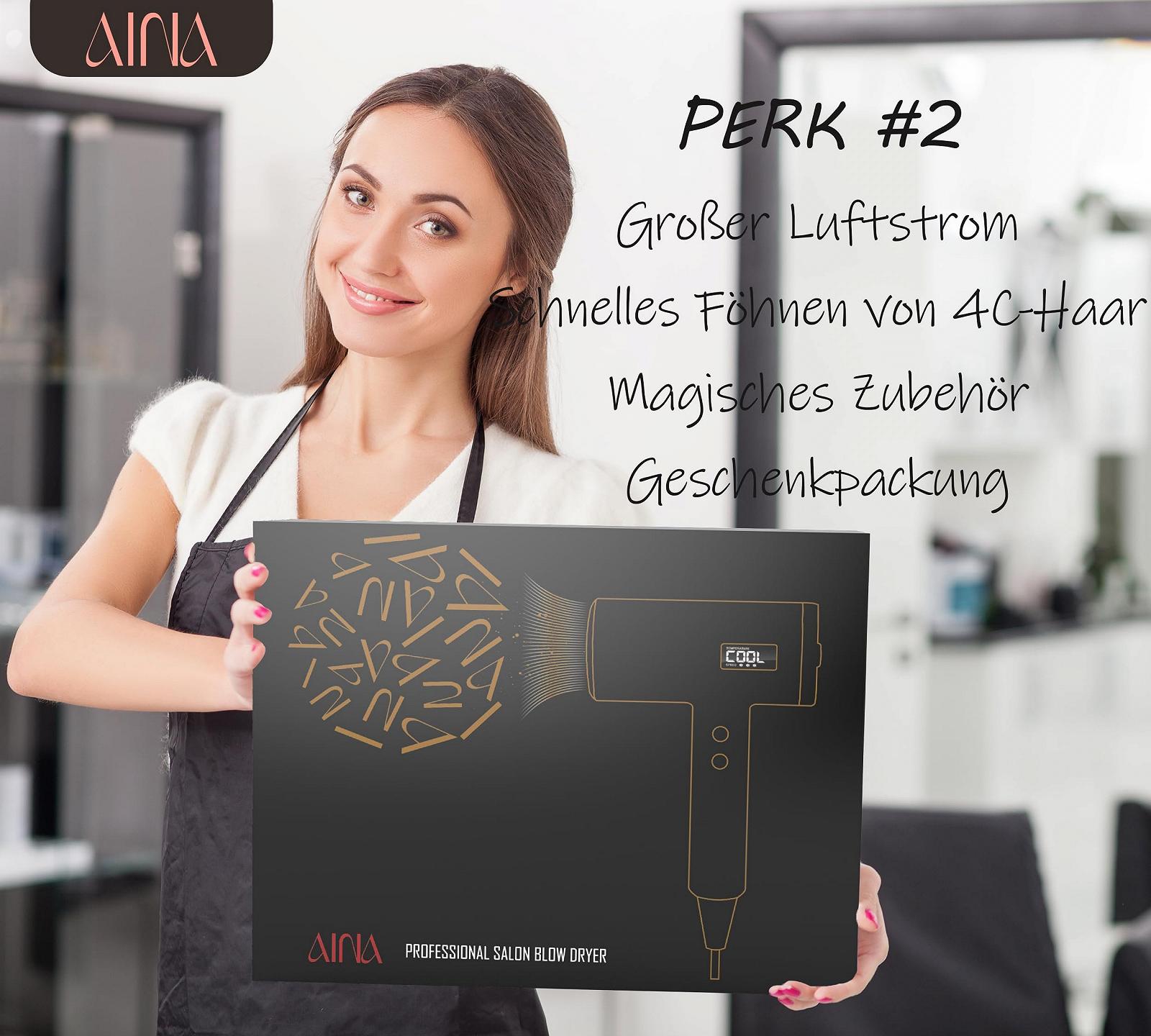 Фен AINA Professional Salon, 2300 Вт, с диффузором, щеткой-расческой для женщин, BLDC, бесщеточный мотор, 150 000 об/мин, ионный, LED-дисплей, 4 магнитные насадки, черный, фото №5