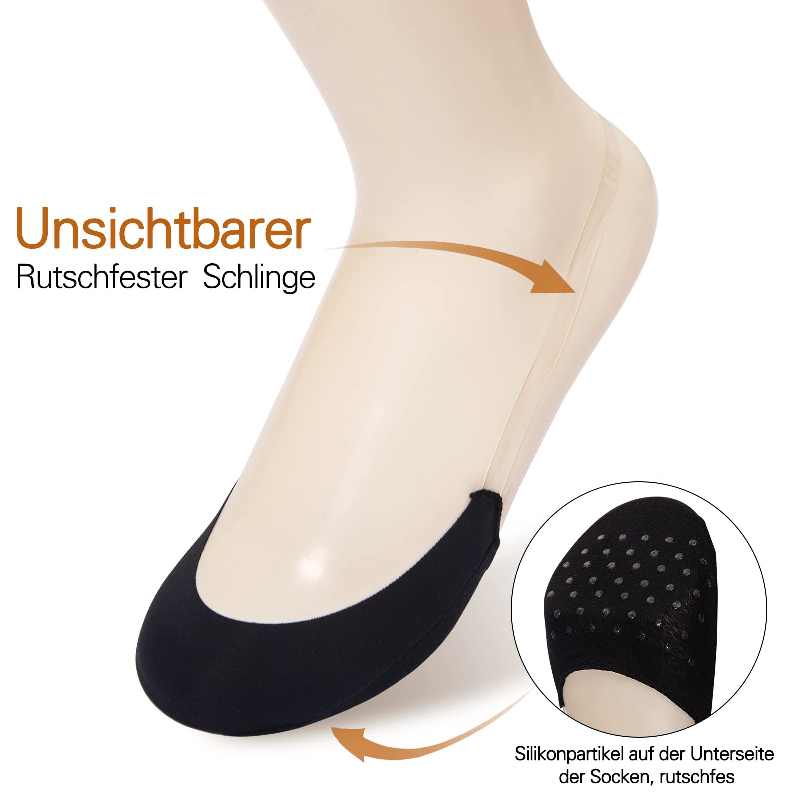 Носки MANZI с Открытыми Пальцами Женские Полуноски Невидимые Носки с Нескользящей TPU Слингом Черный Телесный Цвет, 6 пар, фото №2