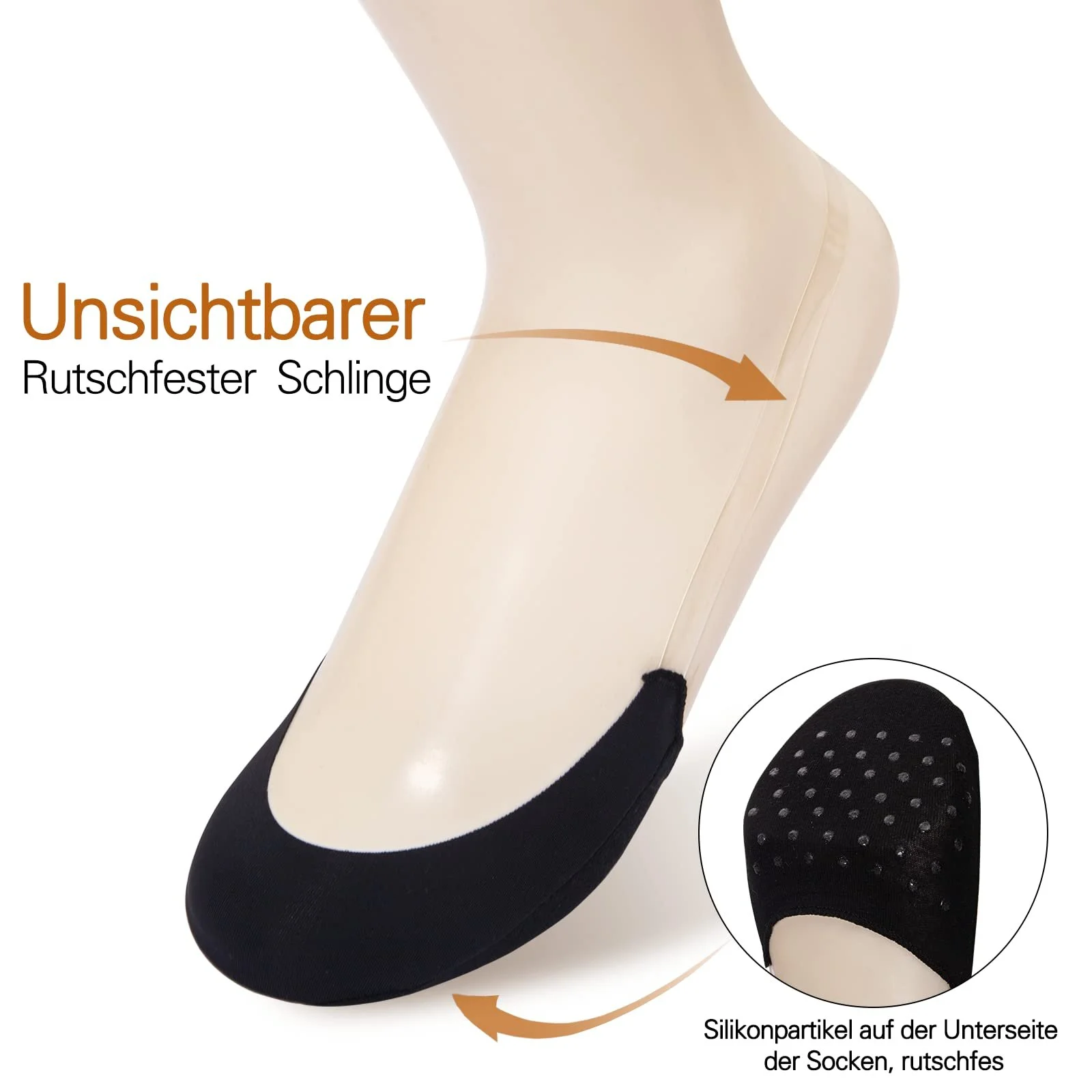 Носки MANZI с Открытыми Пальцами Женские Полуноски Невидимые Носки с Нескользящей TPU Слингом Черный Телесный Цвет, 6 пар, фото №2