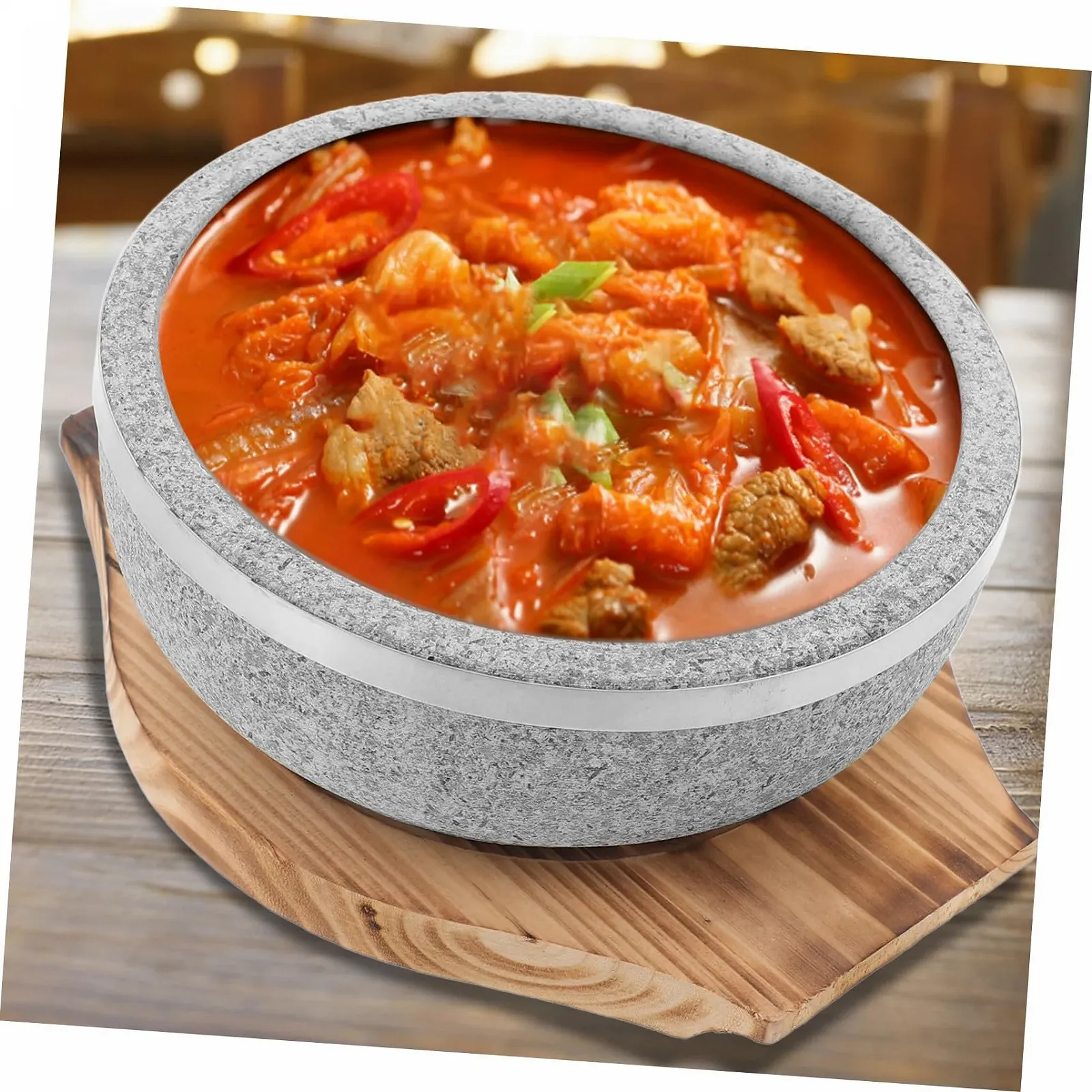 Горшок каменный с деревянной подставкой для бибимбапа большой жаропрочный, фото №8