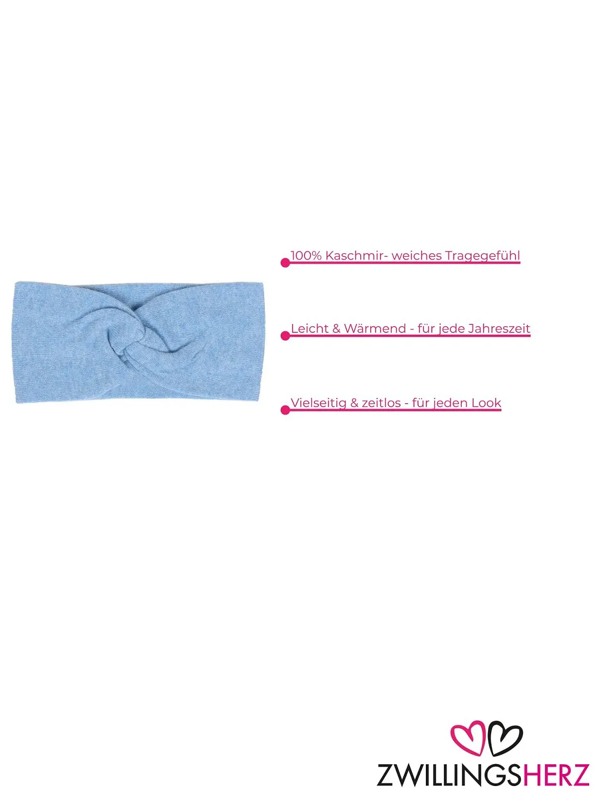 Пов'язка на голову Zwillingsherz 100% Cashmere В'язана однотонна світло-блакитна, фото №3