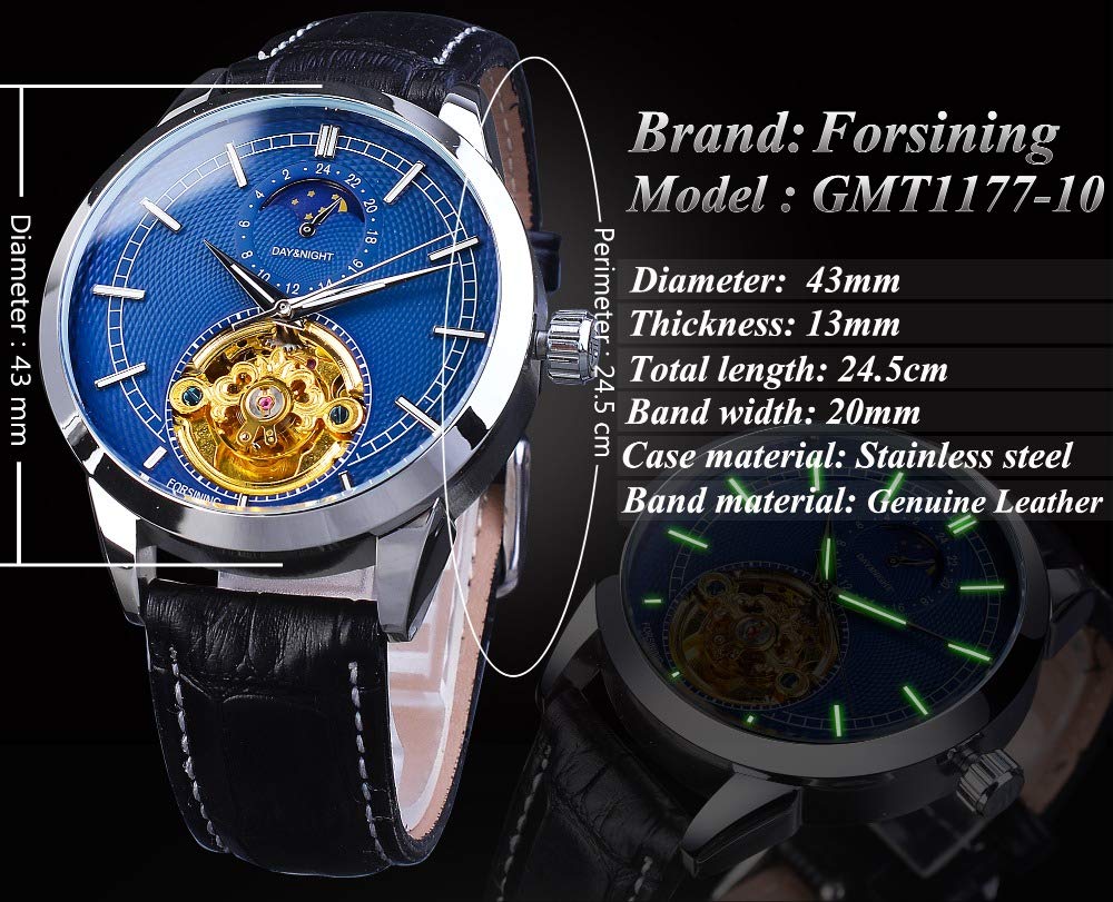 Чоловічий годинник BOLYTE Antique Автоматичний 24 години Сонце і Місяць Підциферблат Механічний Скелетон з шкіряним ремінцем, фото №3