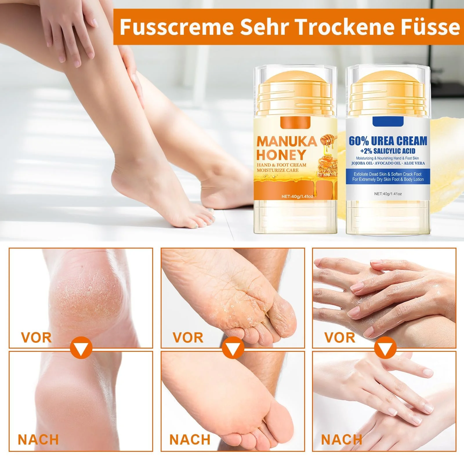 Крем для ног Urea Foot Cream Hydrating and Anti-Cracking увлажняющий против трещин с мочевиной 60% и медом (Упаковка 2 шт), фото №3