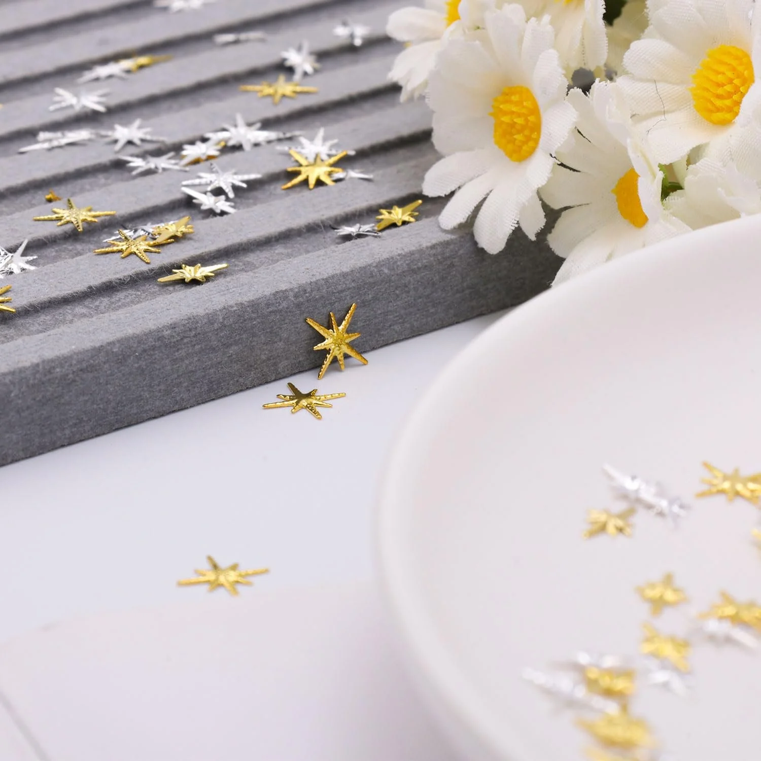 Подвески звёздочки для ногтей, 400 шт, 6 стилей, 3D украшения для ногтей, золотой, серебряный, фото №3