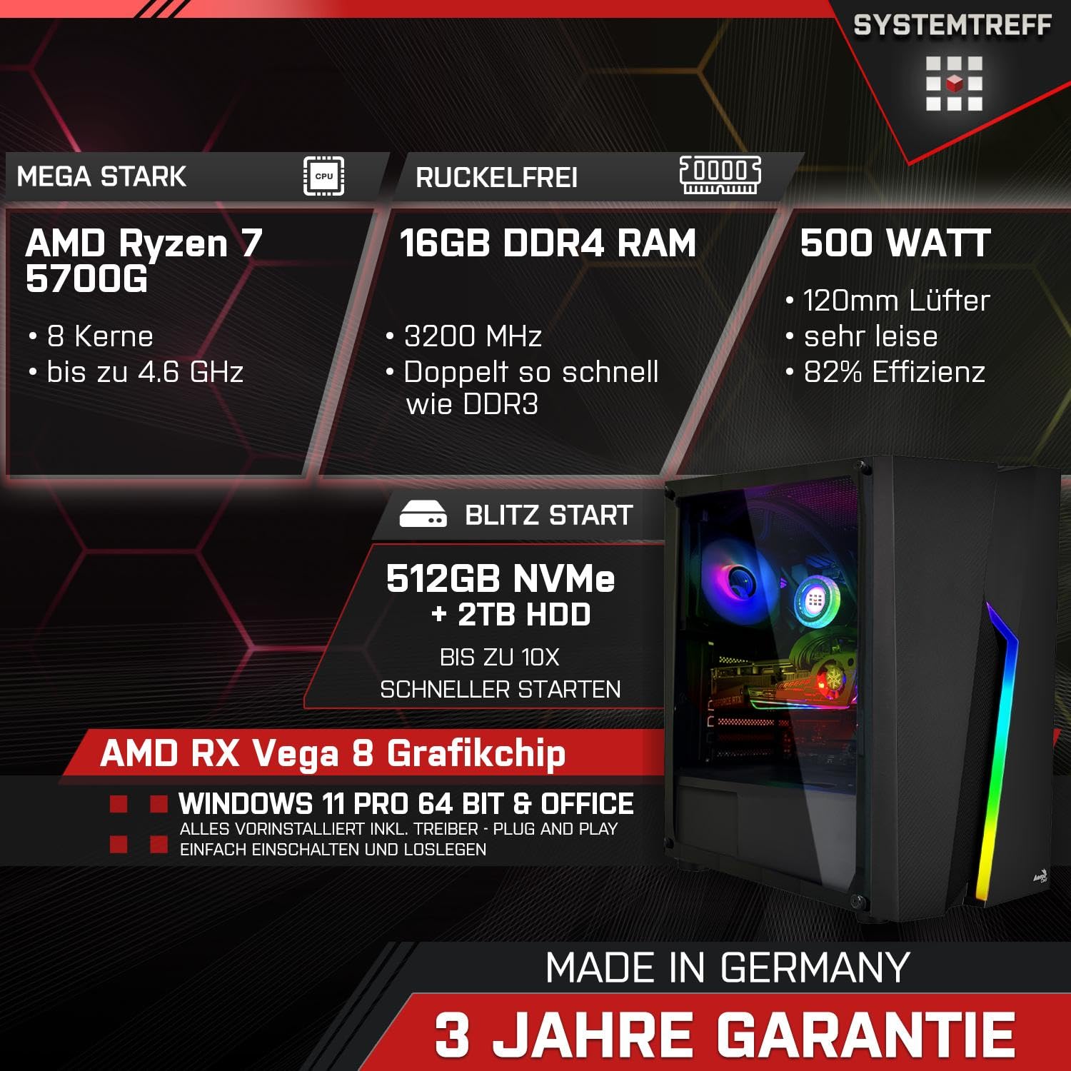 Комп'ютер SYSTEMTREFF Basic Gaming PC AMD Ryzen 7 5700G 8x4.6GHz AMD Radeon RX Vega 8 512GB M.2 NVMe 2TB HDD 16GB DDR4 RAM WLAN, фото №2