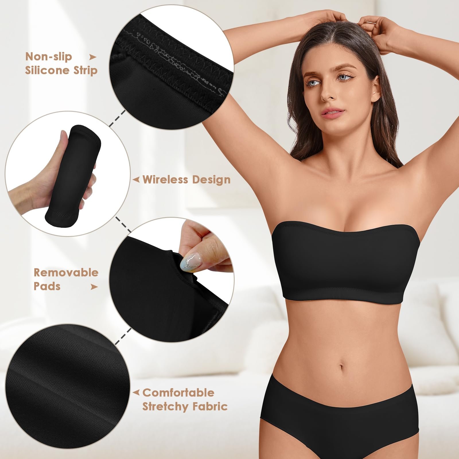 Бюстгальтер-бандо без косточек без бретелей бесшовный Tube Top с уплотнением и прозрачными бретелями, фото №4 Бюстгальтер-бандо без косточек без бретелей бесшовный Tube Top с уплотнением и прозрачными бретелями, фото №4