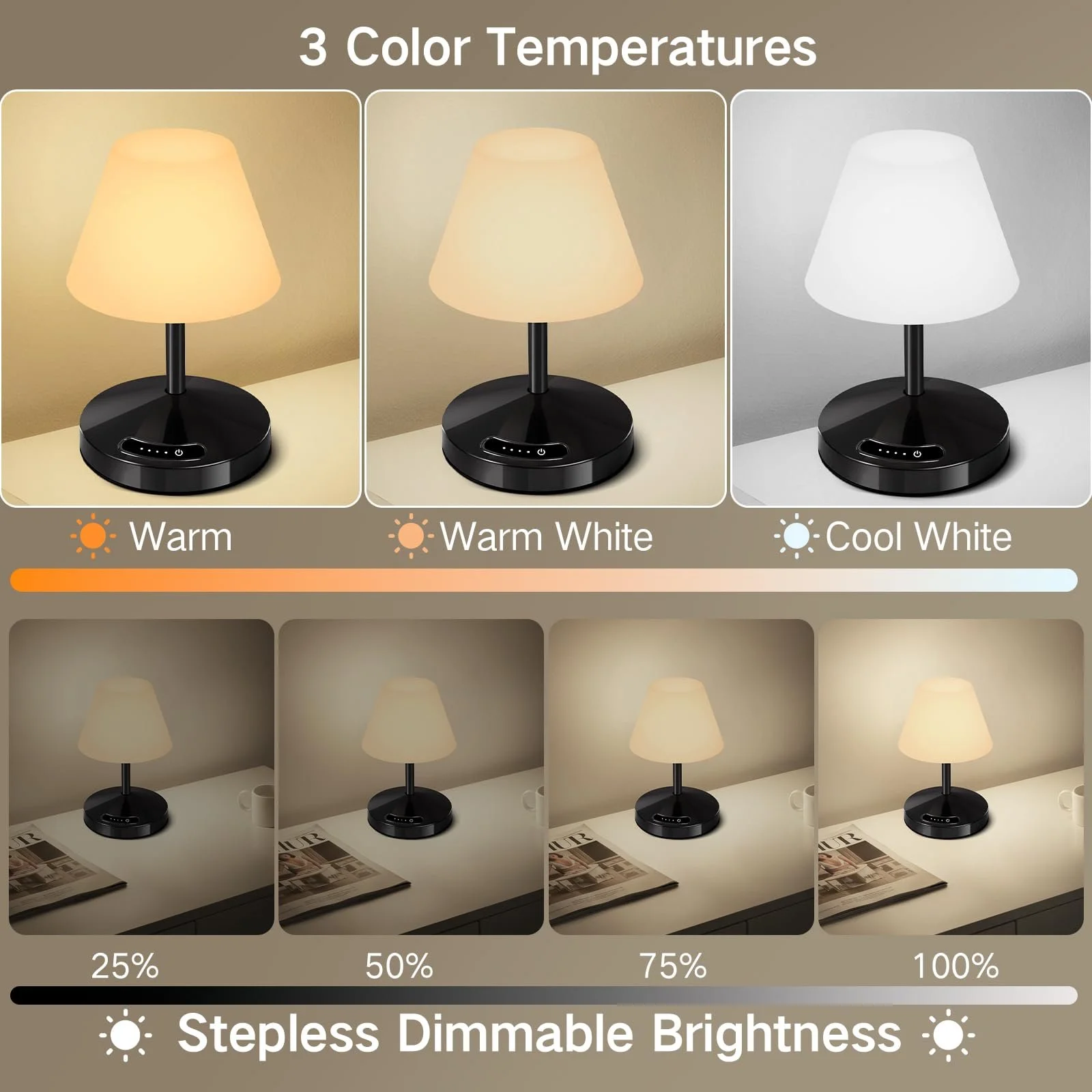 Настільна лампа LED OUTON Акумуляторна Бездротова IP54 USB-C Power Bank 3 колірні температури Плавне регулювання Пам'ять Чорна, фото №2