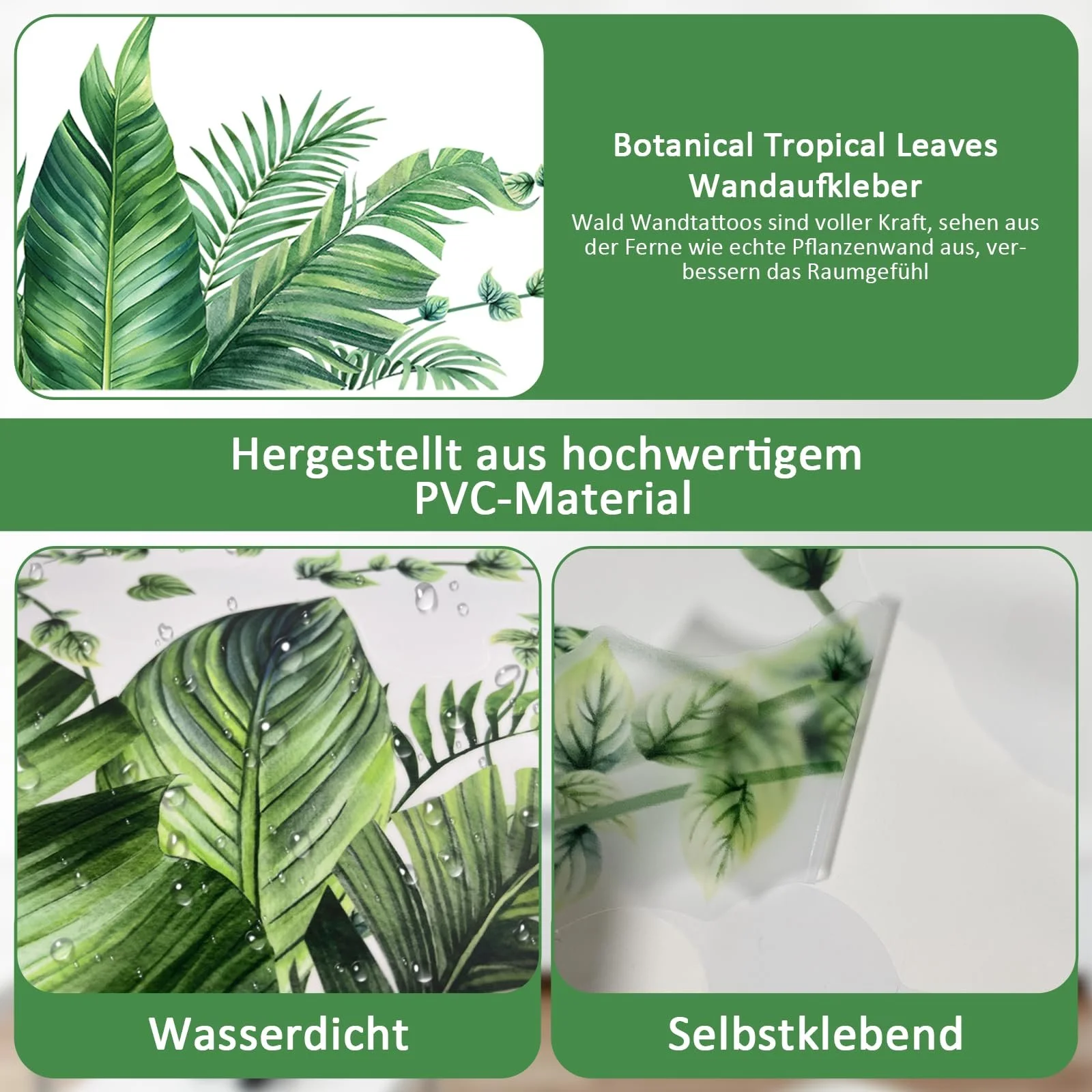 Наклейка на стіну Tropical Leaves Plant Hanging Vines Green Palm Leaves Birds Зелений, фото №3