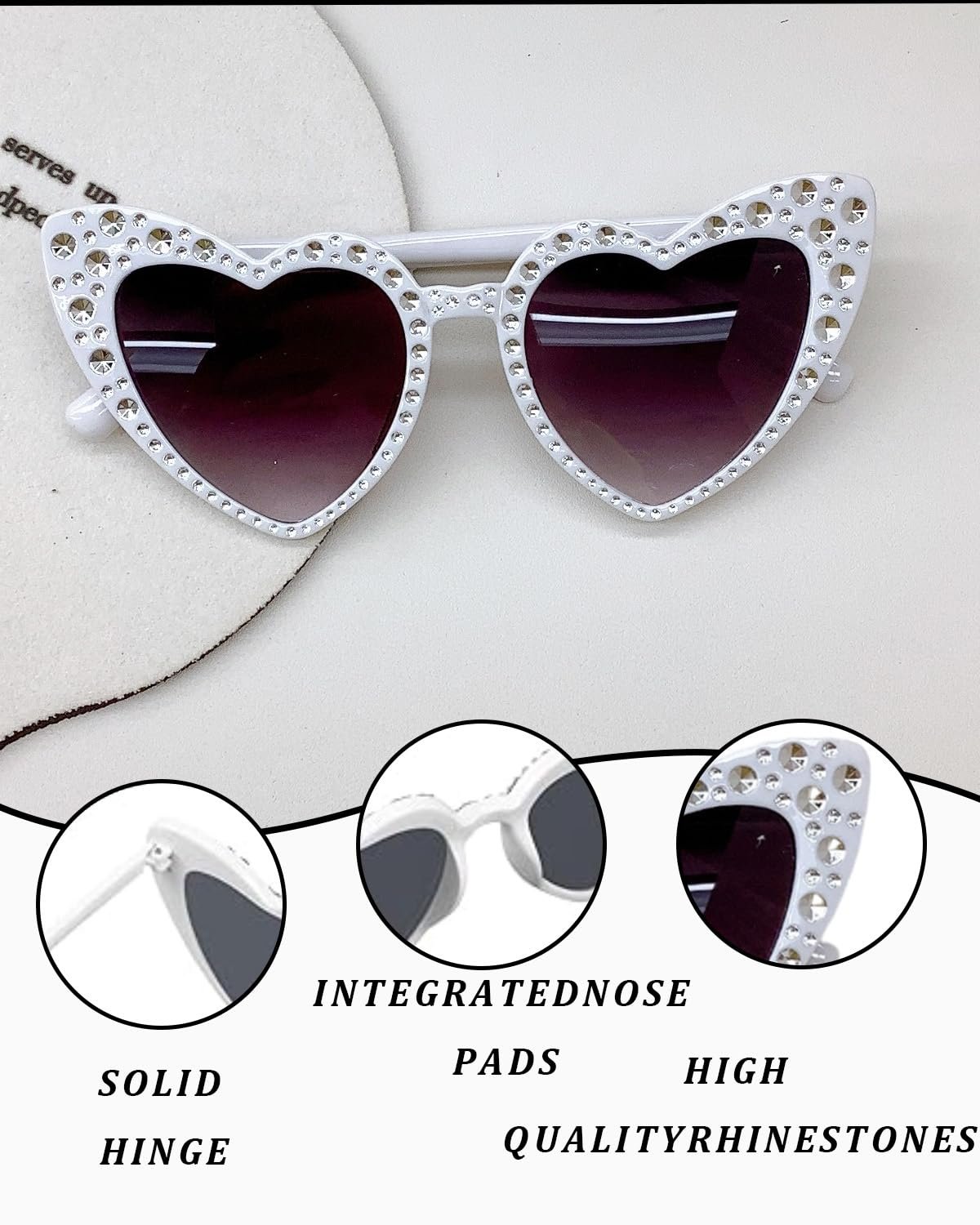 Сонцезахисні окуляри у формі серця QLEUIFT, білі, з перлами, 1 пара, фото №3