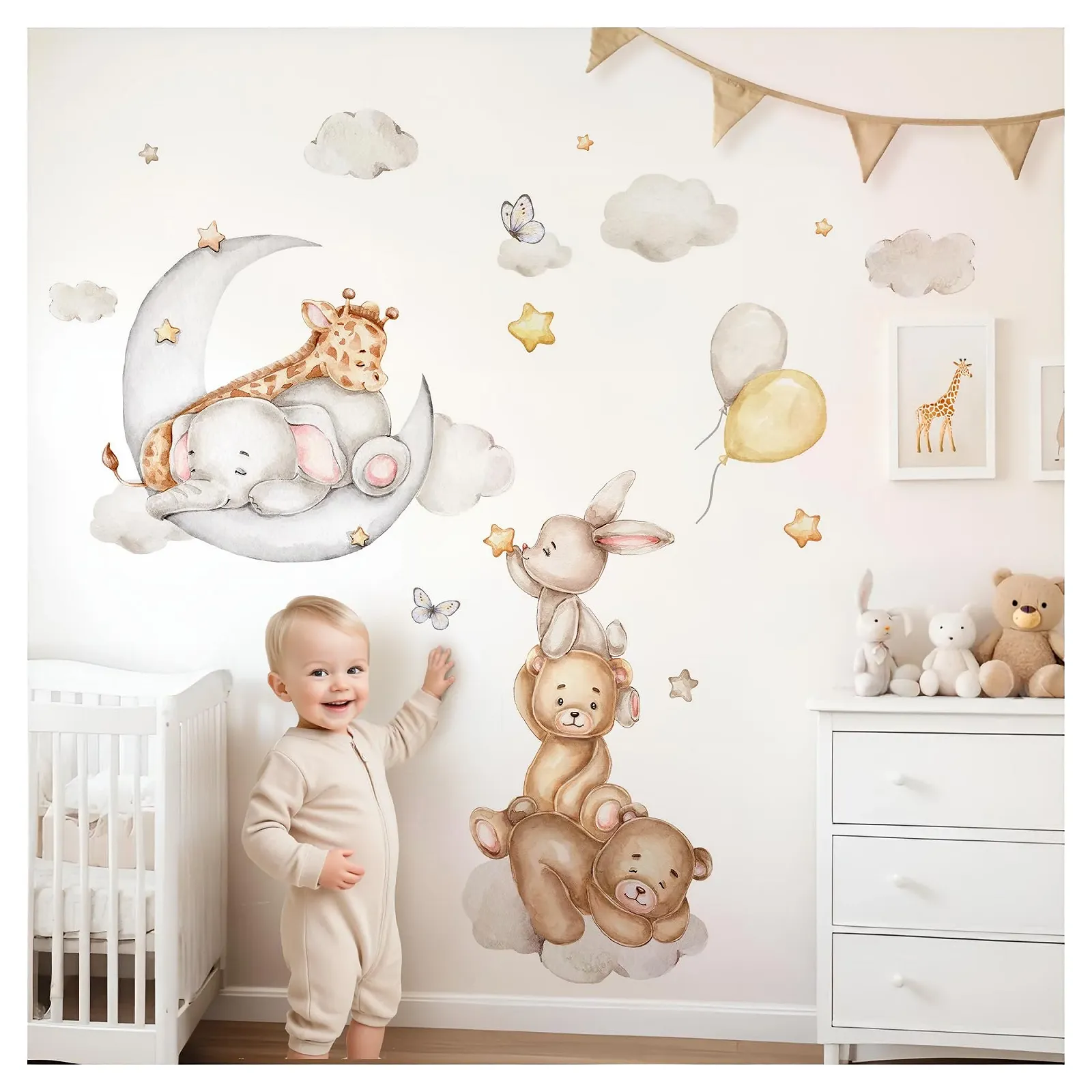 Наклейка на стену Little Deco DL5118-03 Moon Animals Elephant Rabbit Boho, фото №1