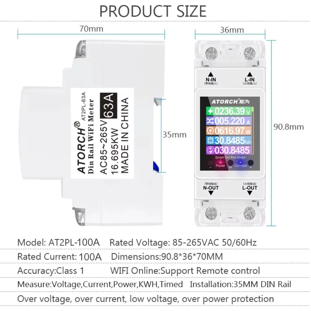 Умный Wi-Fi, автоматический выключатель, ATORCH 2P 100A Tuya WIFI, счетчик электроэнергии КВтч, измерение мощности, таймер, фото №4