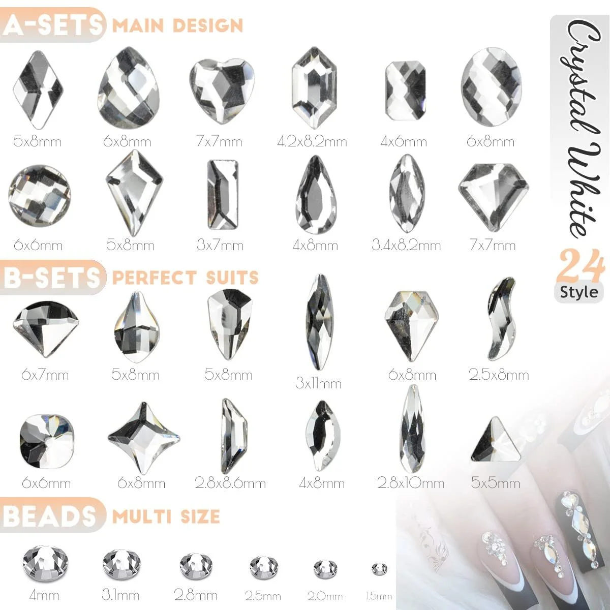 Кристаллы для ногтей Белый Блеск 1420 шт, 24 типа крупных блестящих камней 180 шт + круглые камни из стекла K9 1240 шт разных размеров, украшения для ногтей, фото №3