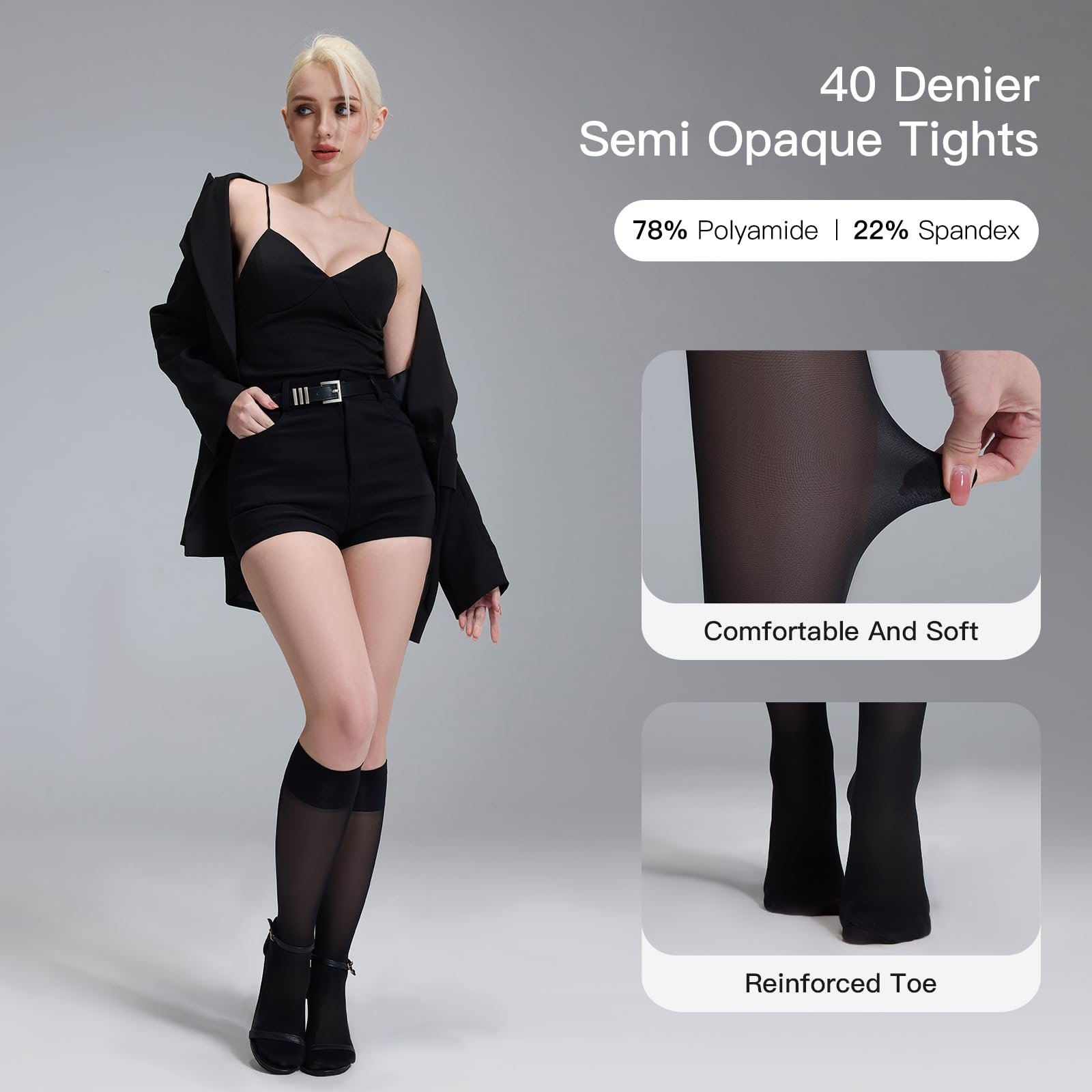 Гольфы Yilanmy 3 пары Женские нейлоновые чулки 40 ден Компрессионные носки, Черный, Натуральный, фото №4