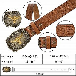 Ремень кожаный Eohak Western, ковбойская пряжка, для мужчин и женщин, для джинсов, гравировка цветов, Longhorn Bull Texas, пряжка, для талии 84-104 см - Фото 1