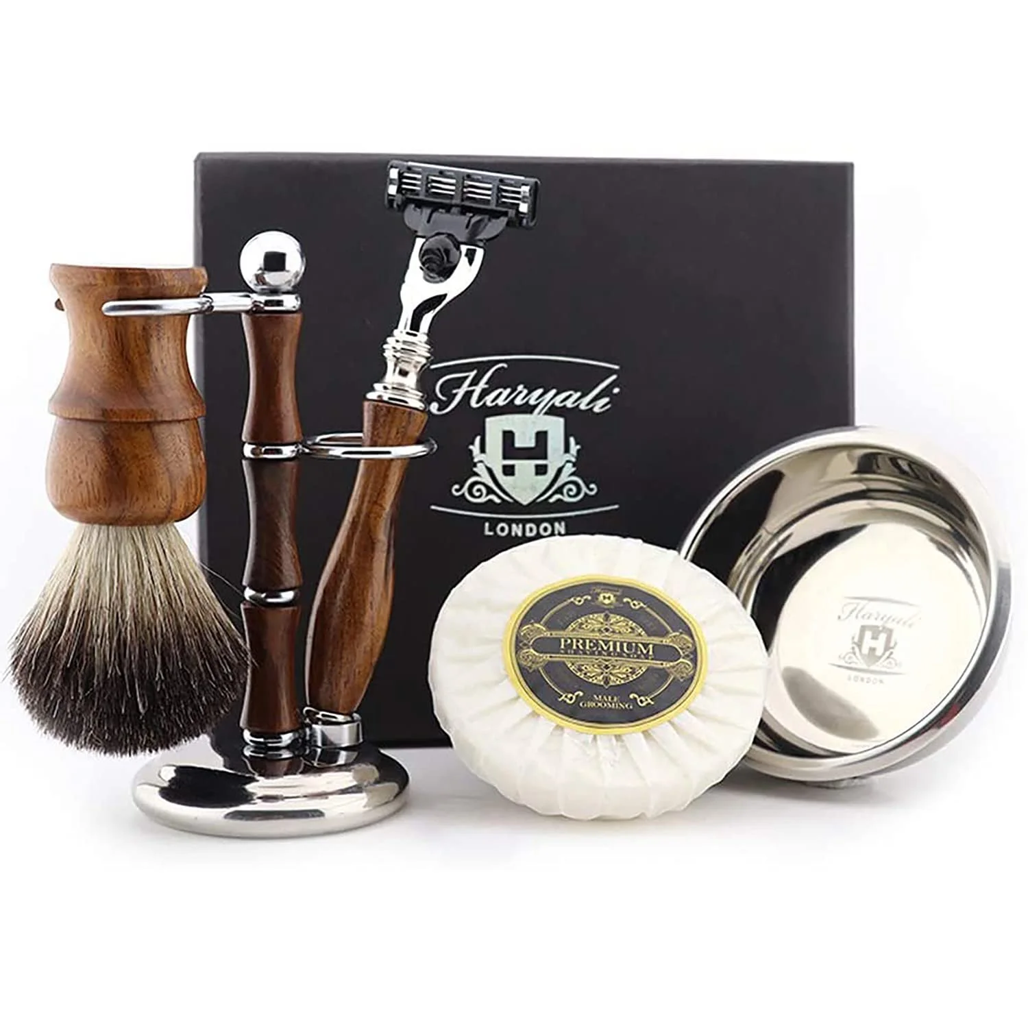 Набор для бритья Haryali London Wooden 5 Piece бритва с 3 лезвиями помазок барсучий ворс чаша подставка мыло, фото №1 Набор для бритья Haryali London Wooden 5 Piece бритва с 3 лезвиями помазок барсучий ворс чаша подставка мыло, фото №1