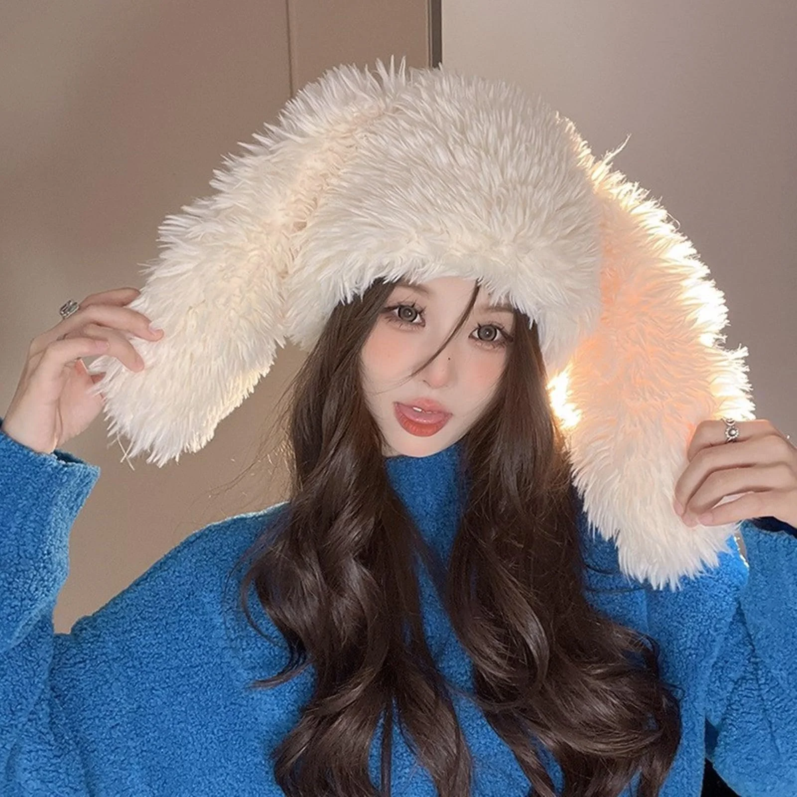 Шапка для девочки с плюшевыми заячьими ушками, зимняя, фото №4