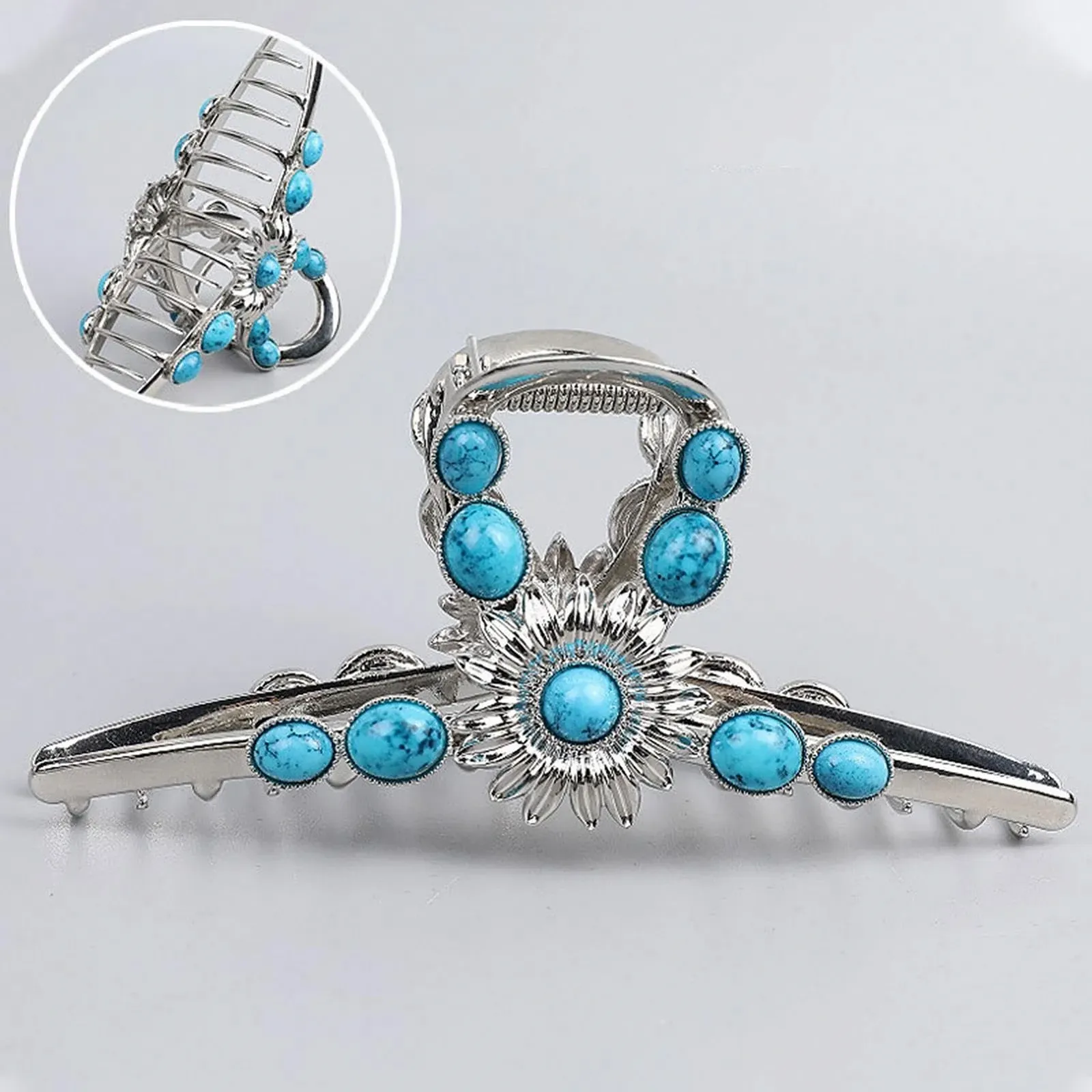 Заколка для волос с голубым камнем, Western Claw Clips для женщин, металлические заколки для густых волос, металлический маскарадный головной убор с винтажным камнем и цветочным узором, фото №8