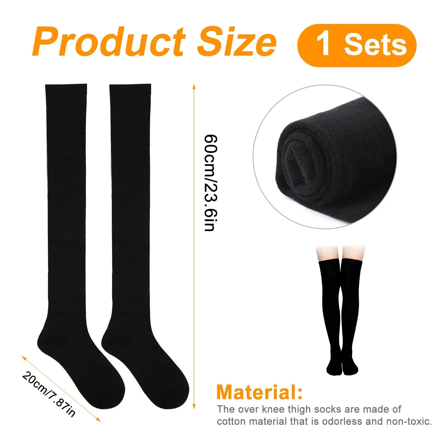 Высокие носки для женщин и девочек, 80% хлопок, теплые носки до колена, мягкие длинные чулки, женские носки выше колена для Хэллоуина, среды, косплея, выпускного вечера, повседневной носки (черные), черный, фото №2