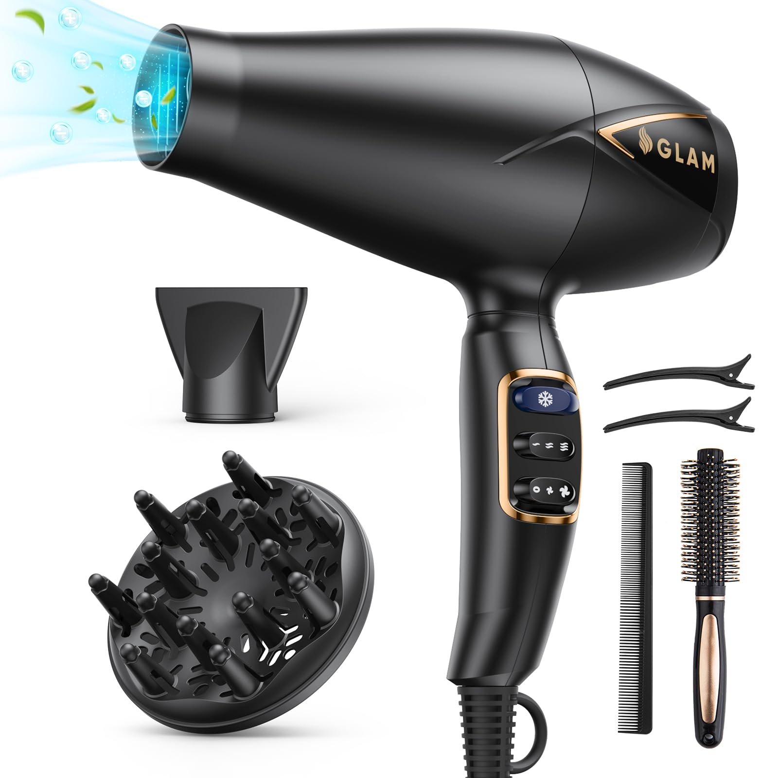 Фен GLAM Professional, 2300 Вт, AC мотор, 2 скорости, 3 нагрева, кнопка холодного обдува, диффузор и концентратор, фото №1