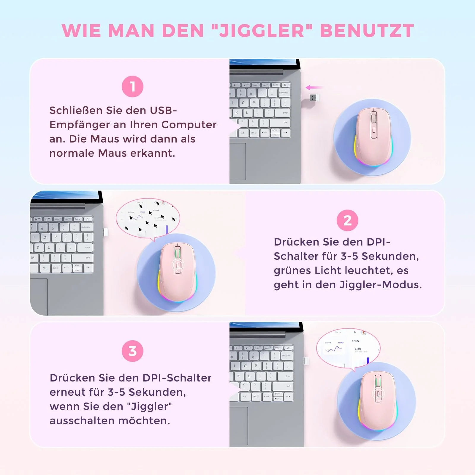 Мышь Seenda Беспроводная LED, Перезаряжаемая с Jiggler, Тихая 2.4G USB, DPI 2000, Розовая, фото №2