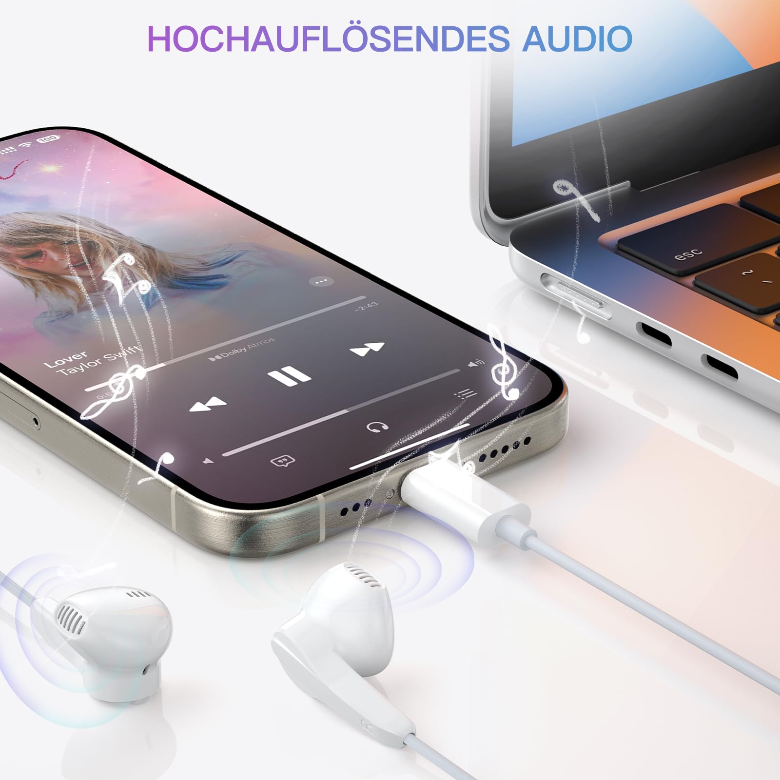 Наушники USB C для iPhone 15 Pro Max [MFi Сертифицированные] Внутриканальные с кабелем USB C с микрофоном/контролем громкости/HiFi стерео для iPad Pro/Samsung Galaxy S24, фото №7