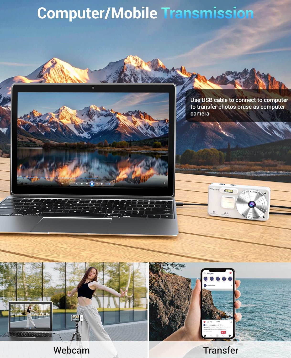 Цифровой фотоаппарат Wevoor 4K 64GB, 64 Мп Автофокус, экран 2.8 дюйма, 18X цифровой зум, мини камера 2000 mAh, черный, фото №9
