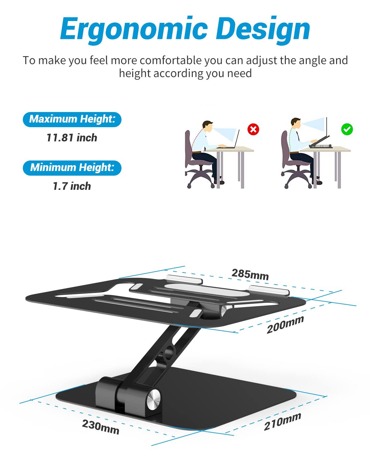 Подставка для ноутбука, регулируемая по высоте, эргономичная алюминиевая, складная вентилируемая подставка для ноутбуков MacBook, Dell, Lenovo, HP, Samsung, Acer и Huawei (10-17.3 дюймов), фото №5
