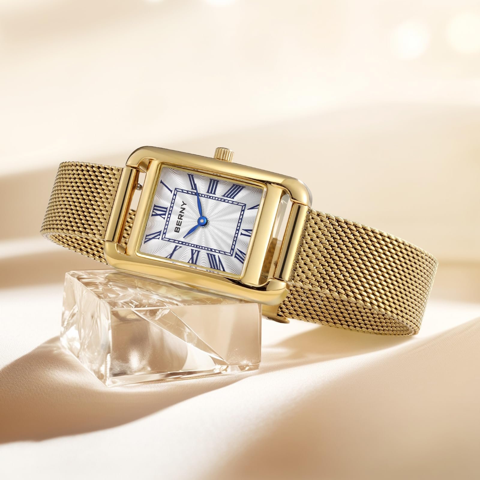 BERNY Прямоугольные Женские Классические Наручные Водонепроницаемые Кварцевые Часы с Римскими Цифрами и Сетчатым Ремешком, фото №8 BERNY Прямоугольные Женские Классические Наручные Водонепроницаемые Кварцевые Часы с Римскими Цифрами и Сетчатым Ремешком, фото №8