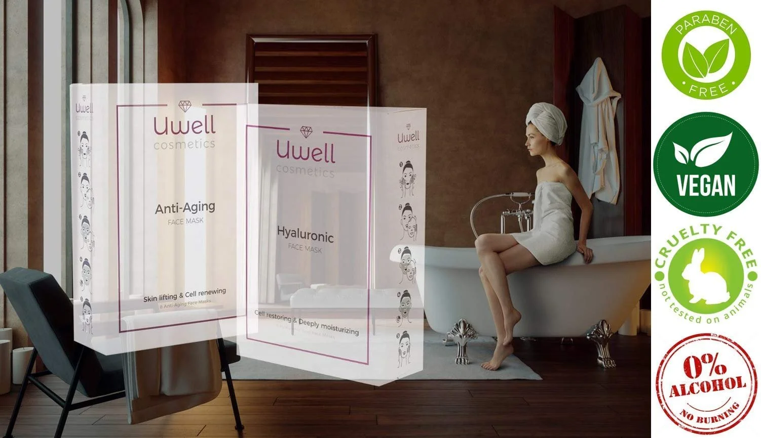 Маска для обличчя UWELL Cosmetics Anti-Ageing, преміальна тканинна маска, 8 шт. в упаковці, фото №4