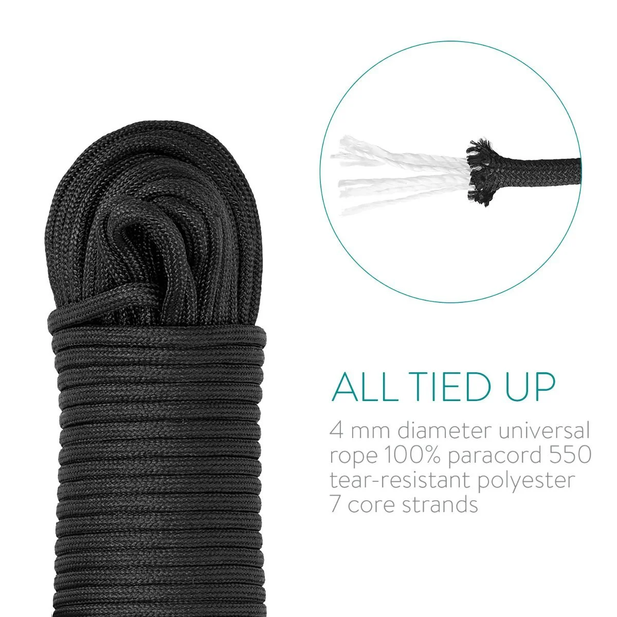 Мотузка Navaris Survival 4 мм, 30,5 м, універсальна, чорна, фото №6