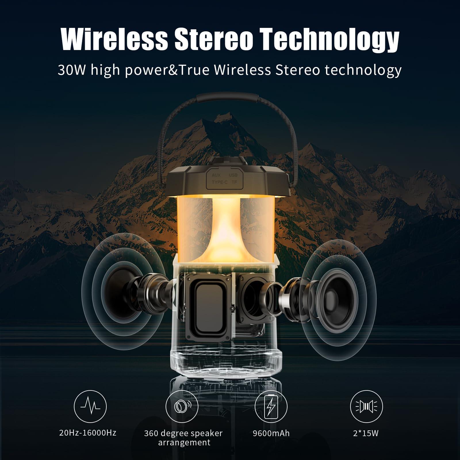 Портативная колонка Ortizan Outdoor Bluetooth Box с лампой для кемпинга, IPX7, 30Вт, 2 световых режима, Bluetooth 5.3, 24 часа работы, фото №2