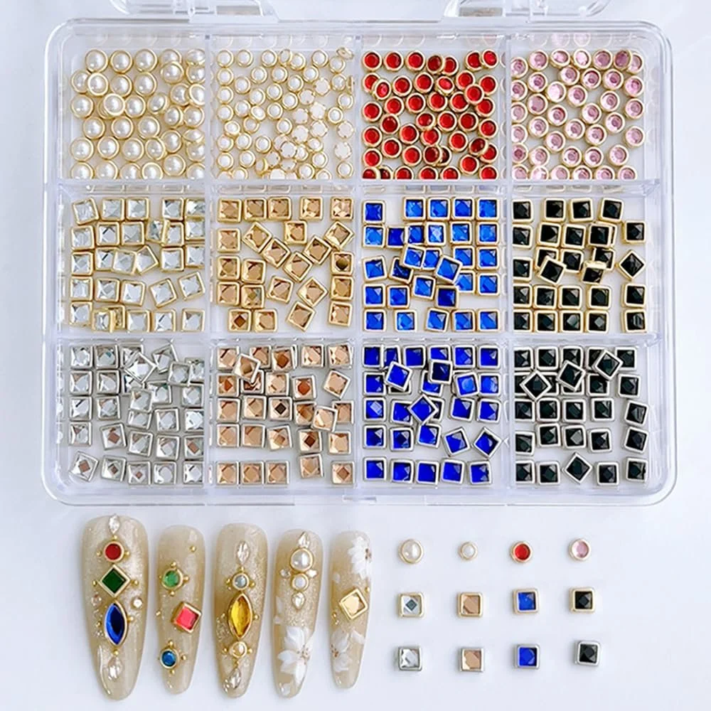 Украшения для ногтей Квадратные/круглые бусины в стиле панк, 12 сеток, металлические блестящие камни, готические заклепки, кристаллы, бриллианты, фото №3