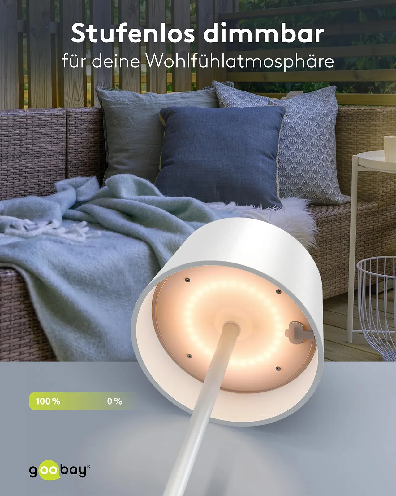 Настільна лампа goobay 73929 LED акумуляторна IP44 сенсорна безступінчасте димування USB-C Білий, фото №5