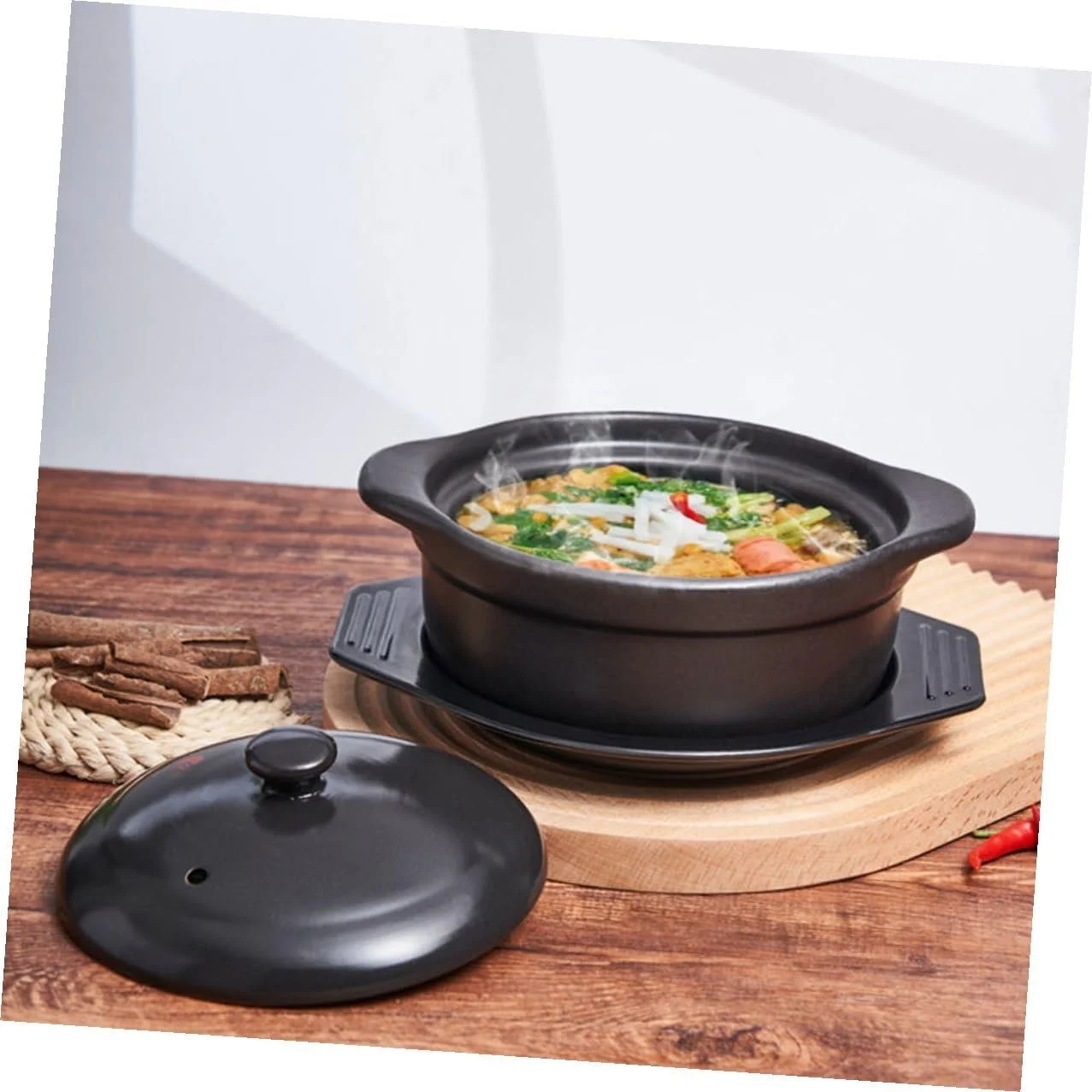 Кастрюля керамическая для тушения с крышкой и двойными ручками антипригарная термостойкая, фото №9