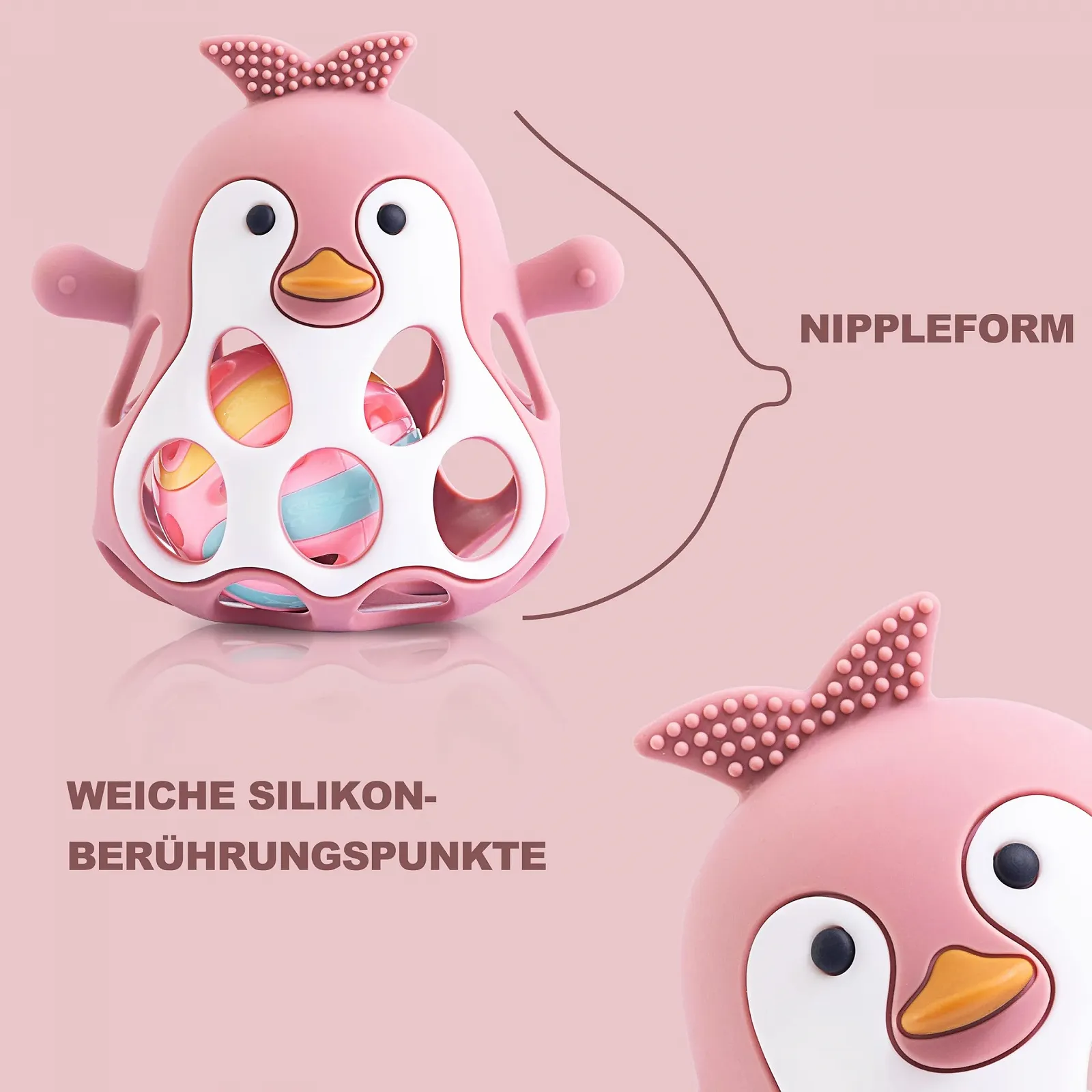 Погремушка-прорезыватель Farout Пингвин, игрушка для развития моторики Oball, розовый, фото №2 Погремушка-прорезыватель Farout Пингвин, игрушка для развития моторики Oball, розовый, фото №2